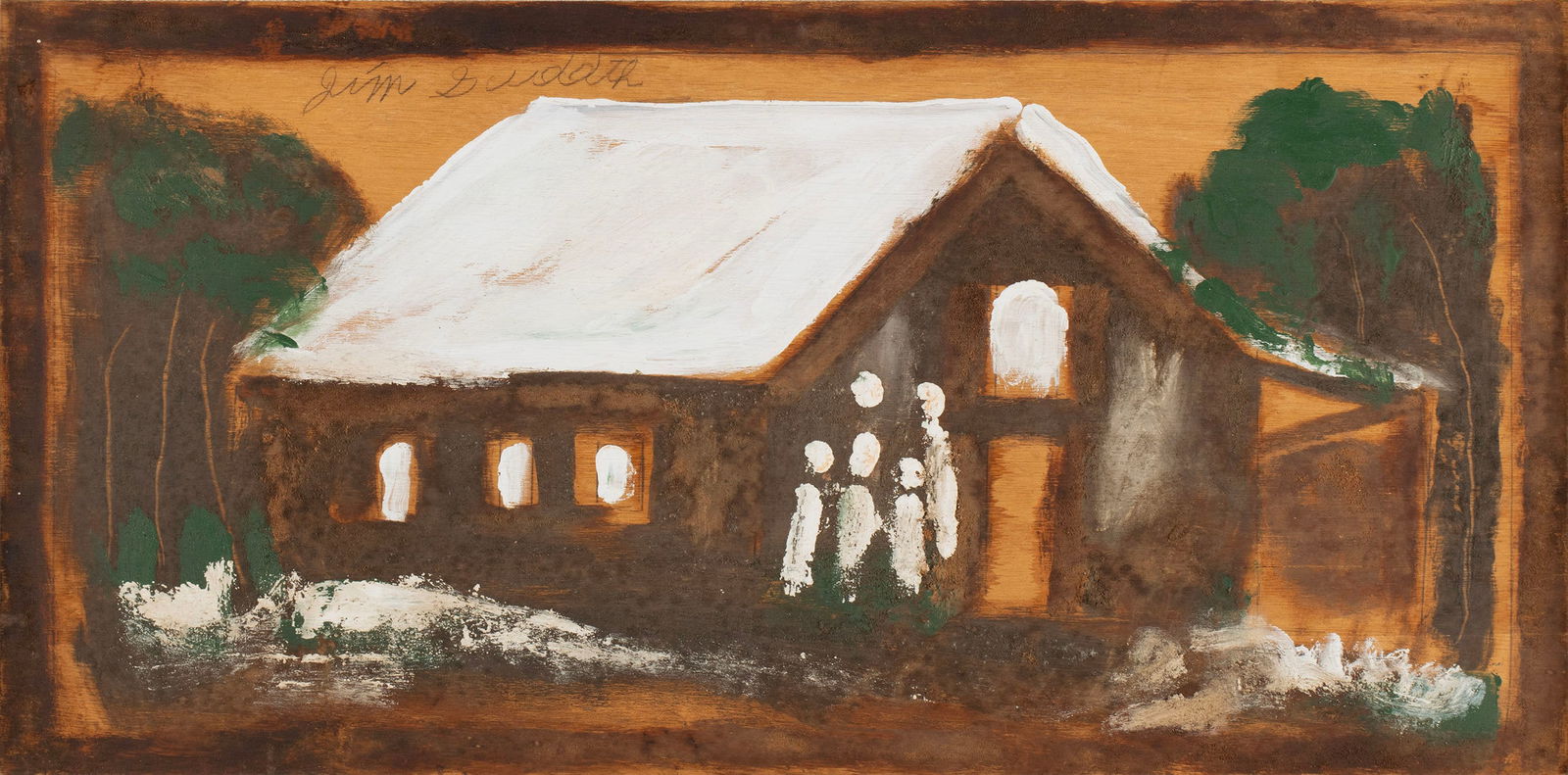 JIMMY LEE SUDDUTH (AMERICAN, 1910-2007): Jimmy Lee Sudduth American, 1910-2007 Paint and mud on board Signed upper left. Figures outside a cabin, framed. 12 x 24 3/4 in. (30.5 x 62.9 cm.), Frame: 17 x 29 1/4 in. (43.2 x 74.3 cm.)