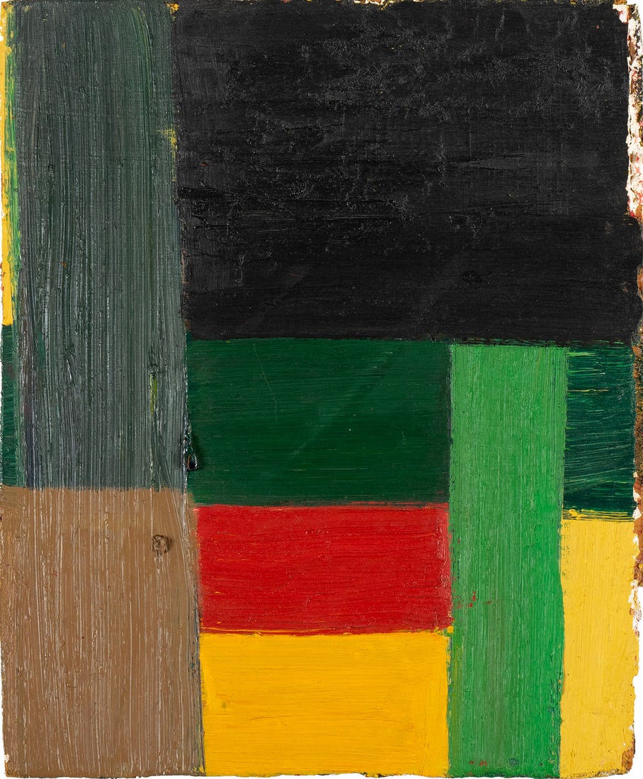 DENZIL HURLEY (AMERICAN, 1949-2021): Denzil Hurley American, 1949-2021 Untitled (8) Oil and encaustic on wood Signed verso and dated '84 with label for Jack Tilton Gallery. Swaths of solid colors, unframed. 9 3/4 x 12 x 1 in. (24.8 x