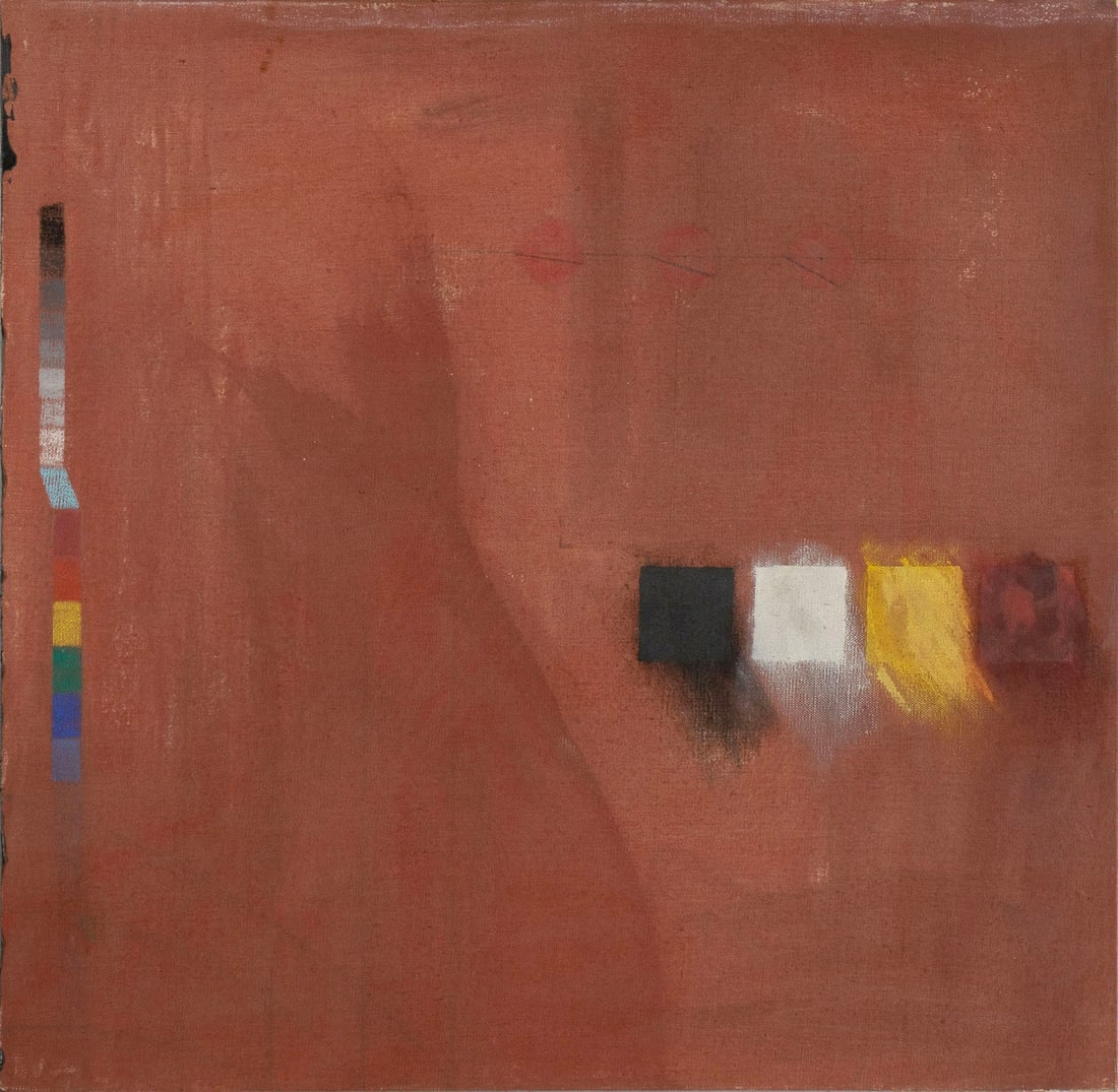 BRIAN G. KAVANAGH (AMERICAN, B. 1947): Brian G. Kavanagh American, b. 1947 Willie and Me and How to Read Oil on canvas Signed, titled and dated 1978 on the canvas at side of stretcher. Colorful geometric shapes and lines on a brown