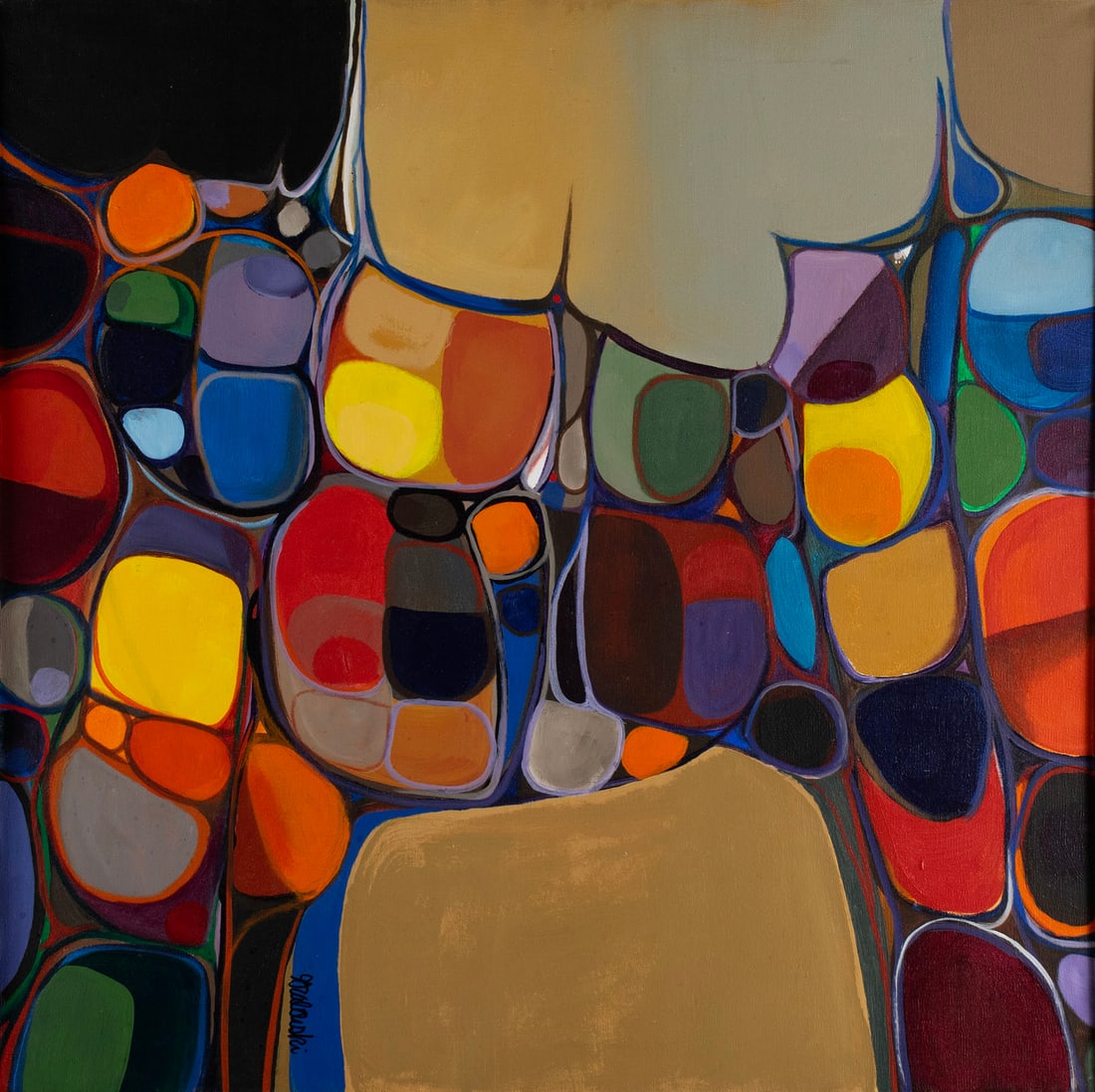 JAMES GRABOWSKI (AMERICAN, 1944-2025): James Grabowski American, 1944-2025 Oil on canvas Signed lower left and to back of stretcher. Colorful abstract composition, framed. 30 x 30 in. (76.2 x 76.2 cm.), Frame: 31 1/4 x 31 1/4 in. (79.4 x