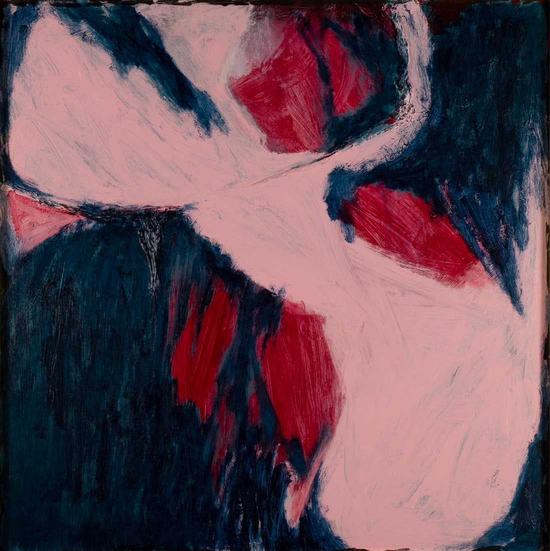 ABSTRACT PAINTING: ABSTRACT PAINTING 20th century, oil on board, unsigned. Abstract composition in pink, red, and blue, framed. 39 x 39 in. (99.1 x 99.1 cm.), Frame: 41 x 41 in. (104.1 x 104.1 cm.)