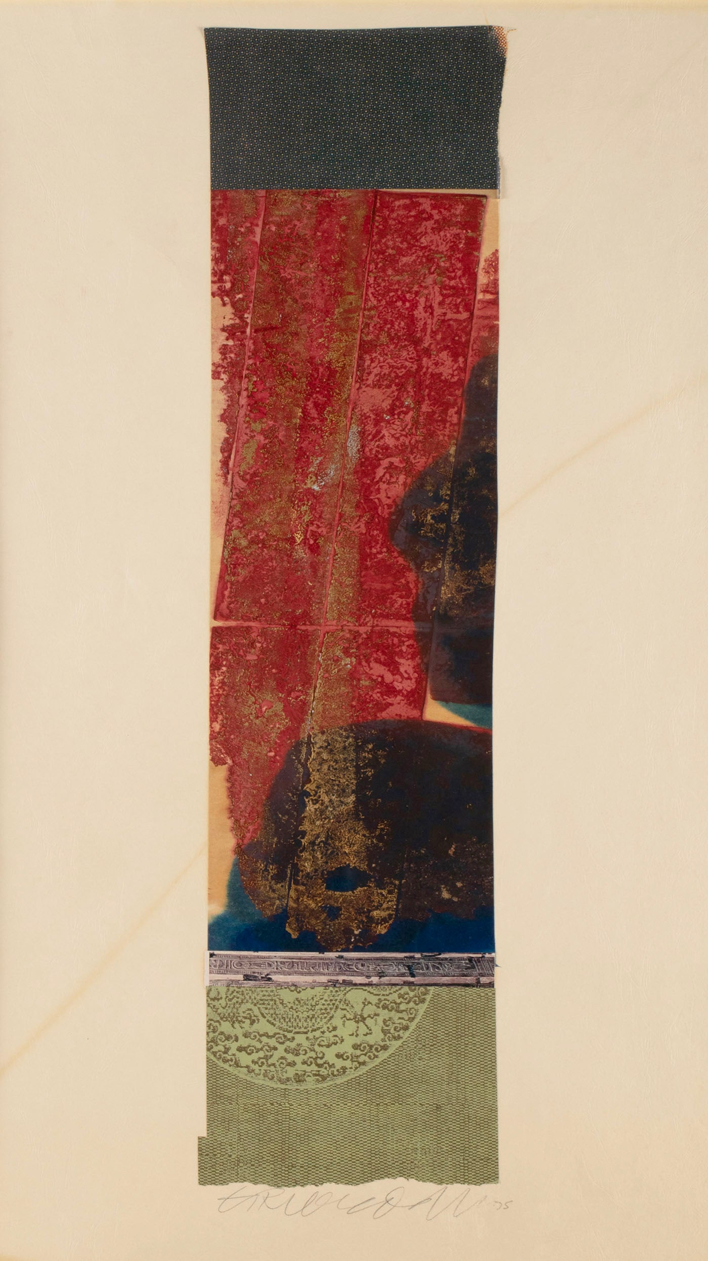 GORDON RICHARDSON (AMERICAN, 20TH C.): Gordon Richardson American, 20th c. Parts Beyond the Dream Mixed media Signed and dated '75 in pencil. Colorful vertical column on white paper, framed. Label verso for H and S Galleries, Ft. Worth,