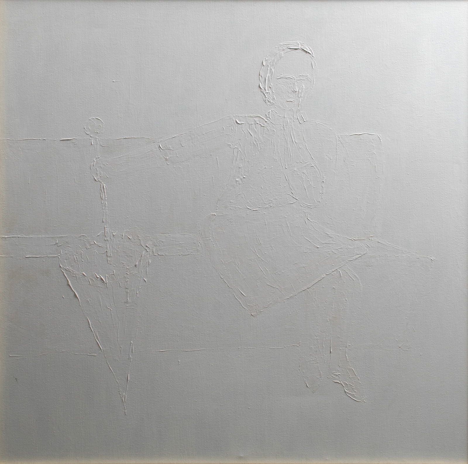 MONOCHROME PORTRAIT OF A WOMAN: MONOCHROME PORTRAIT OF A WOMAN20th century, oil on canvas, unsigned. Portrait all in white of a seated woman with an umbrella, framed.49 x 49 in. (124.5 x 124.5 cm.), Frame: 50 1/2 x 50 1/2 in. (128.3