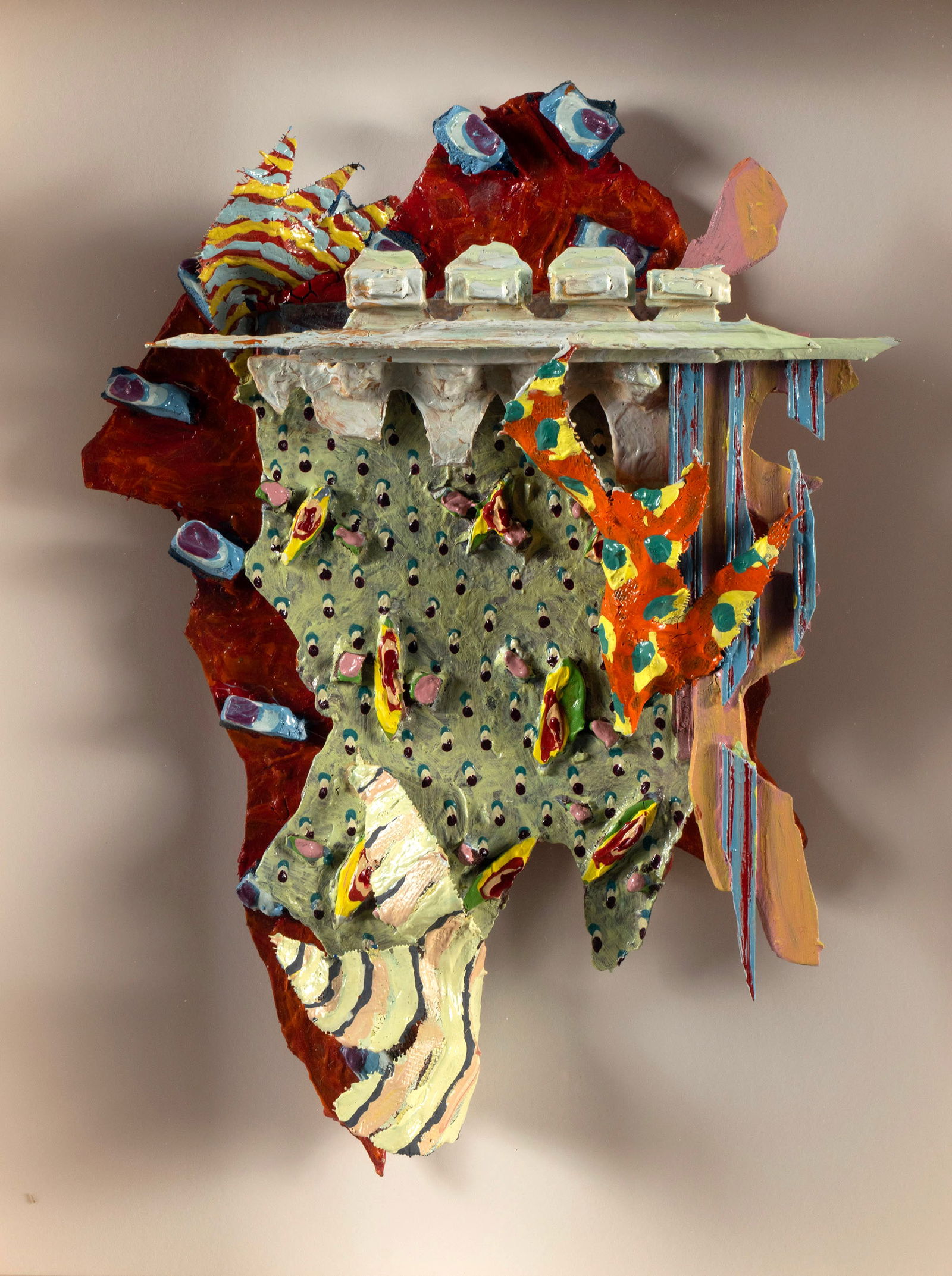 MICHAEL ABRAMS (AMERICAN, 20TH C.): Michael AbramsAmerican, 20th c.Acrylic and rhoplex on woodSigned and dated 1982 to verso, with gallery label. Three-dimensional abstract composition, framed.Frame: 22 1/2 x 19 x 4 1/4 in. (57.2 x 48.3