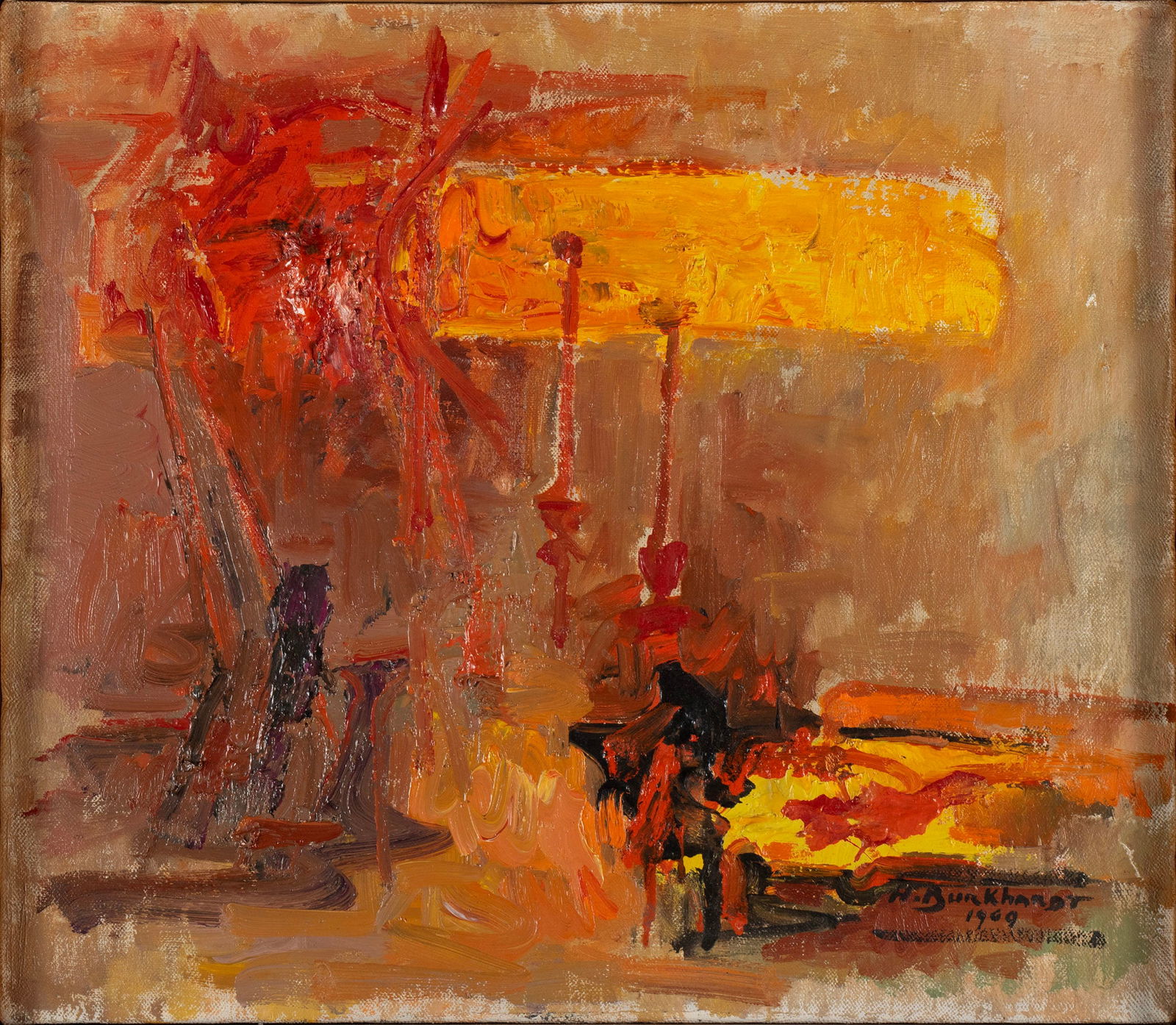 HANS GUSTAV BURKHARDT (SWISS-AMERICAN, 1904-1994): Hans Gustav BurkhardtSwiss-American, 1904-1994Oil on canvasSigned and dated 1969 lower right. Abstract composition, framed.Hans Burkhardt was born in Basel, Switzerland in 1904, and emigrated to New Y