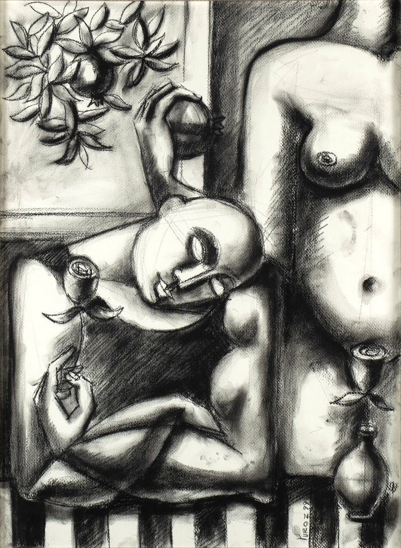 YURI (YUROZ) GEVORGIAN (ARMENIAN-AMERICAN, B. 1956): Yuri (Yuroz) GevorgianArmenian-American, b. 1956Completed SerenadeCharcoal on paperSigned and dated 1999 lower right. Man holding a rose next to a standing nude woman, matted and framed.30 x 22 in. (