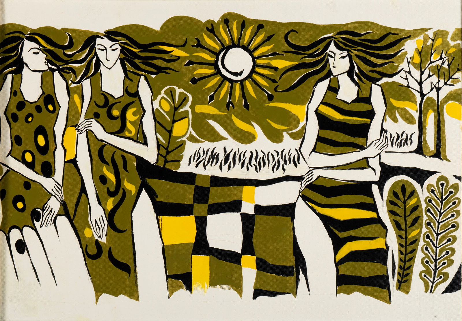 MODERNIST FIGURES, OIL ON BOARD: MODERNIST FIGURES, OIL ON BOARD Oil on canvas board, unsigned. Three women in a modernist summer-like setting, framed. 14 1/4 x 20 1/2 in. (36.2 x 52.1 cm.), Frame: 18 1/4 x 24 1/4 in. (46.4 x 61.6