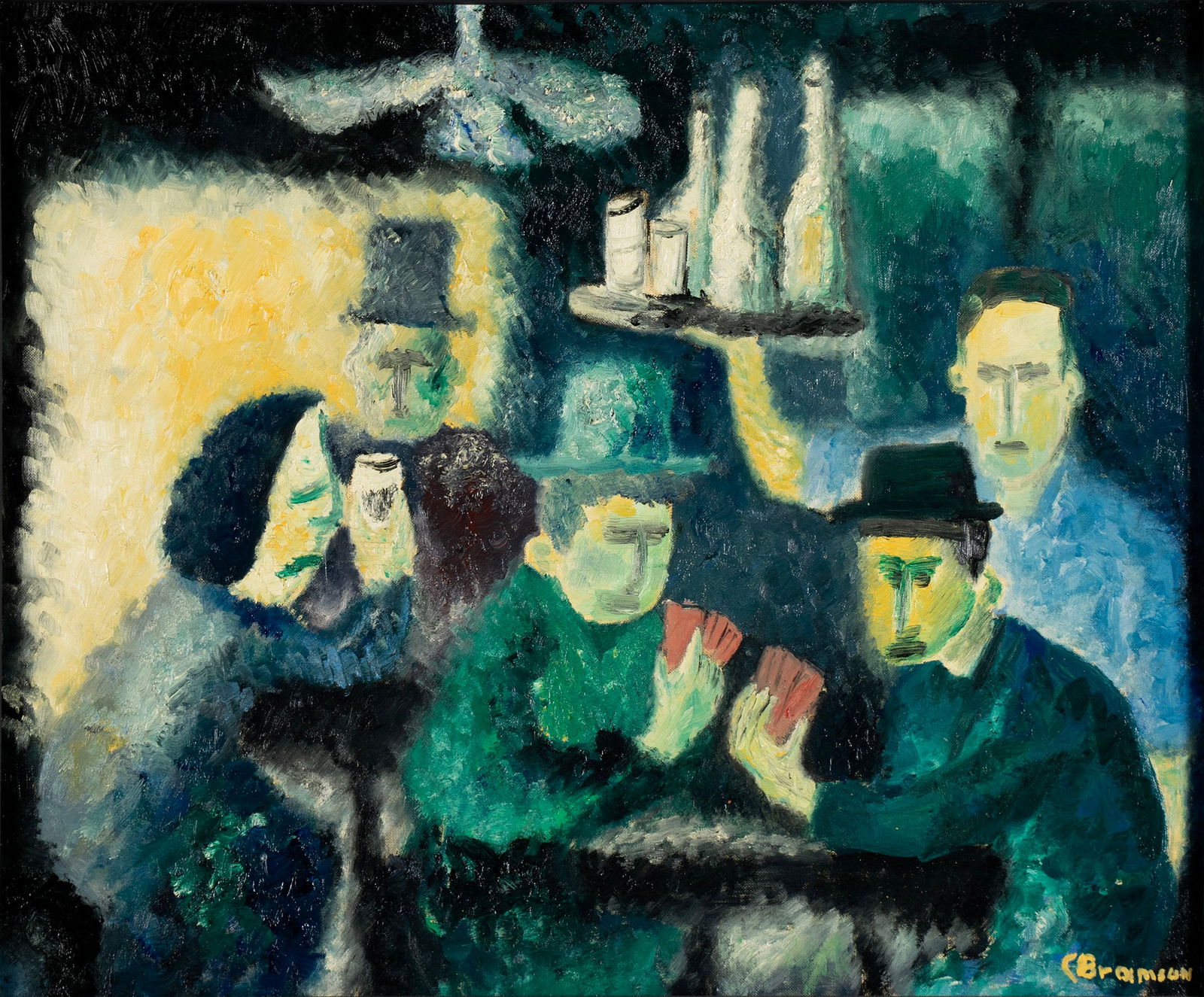 CAROLE ROBERTS (BRAMSON) (AMERICAN, B. 1940): Carole Roberts (Bramson)American, b. 1940The Card PlayersOil on canvas boardSigned lower right, titled and dated "1959-60" to verso. Interior scene of poker players, framed.Carole S. Roberts is