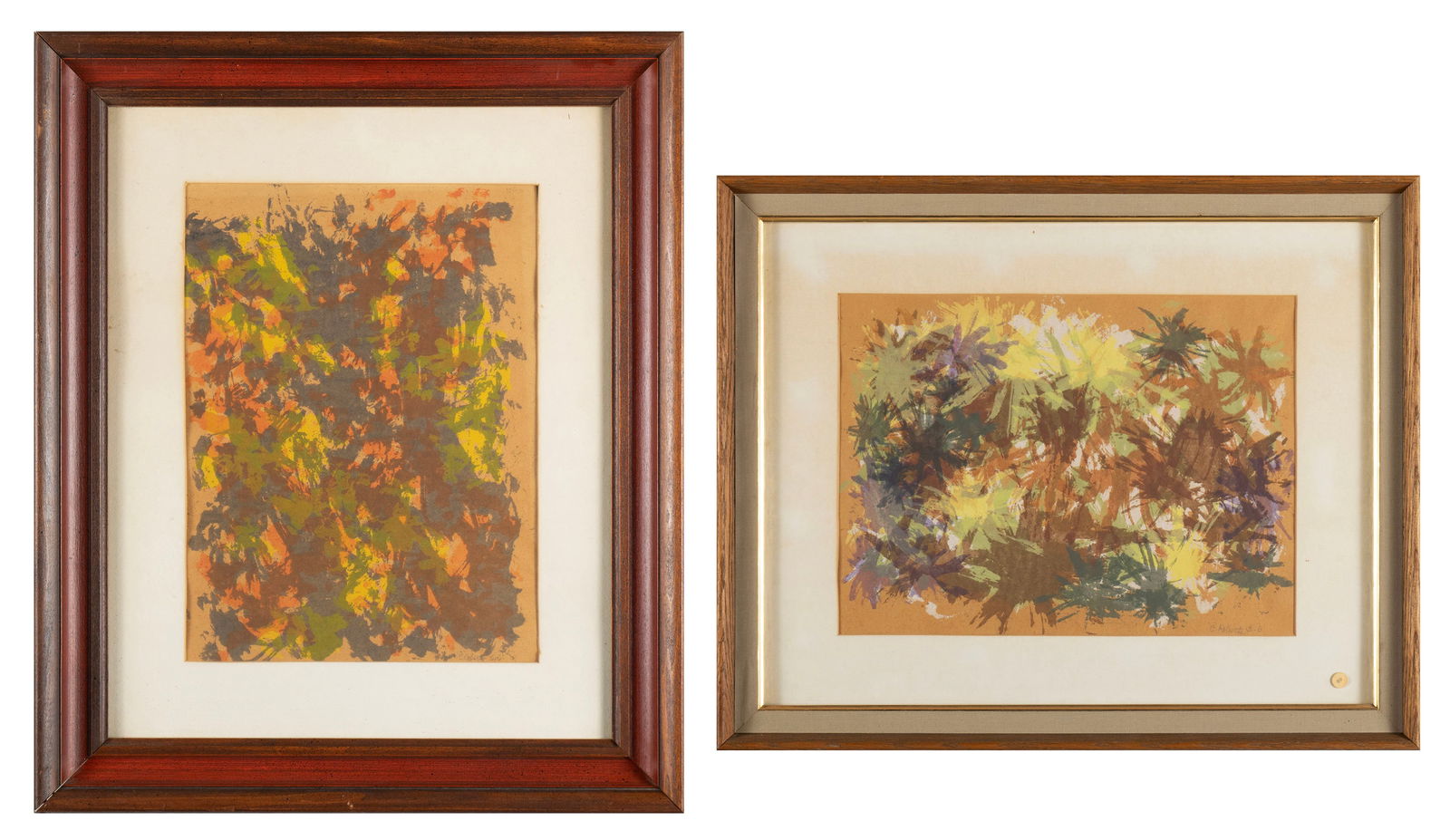 CAROLE ROBERTS (AMERICAN, B. 1940): Carole RobertsAmerican, b. 1940WatercolorTwo (2) works, both signed lower right. Abstract images on brown paper, framed.Carole S. Roberts is an abstract expressionist artist and jeweler. She has a Bac