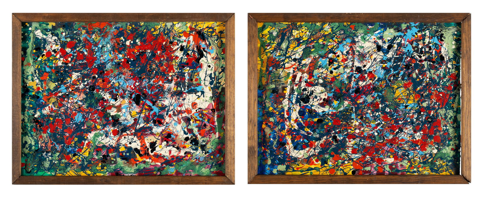 CAROLE ROBERTS (AMERICAN, B. 1940): Carole RobertsAmerican, b. 1940Acrylic on artist boardTwo (2) works, both signed to verso. Colorful abstract works in the manner of Jackson Pollock, framed.Carole S. Roberts is an abstract expressioni