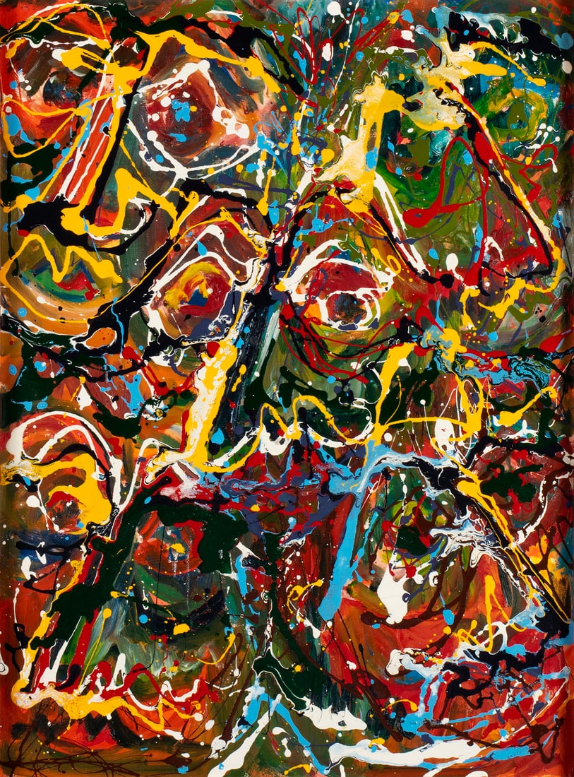 CAROLE ROBERTS (AMERICAN, B. 1940): Carole RobertsAmerican, b. 1940Acrylic on canvas boardSigned lower right. Colorful abstract images incorporate faces, in the manner of Jackson Pollack, framed.Carole S. Roberts is an abstract expressi