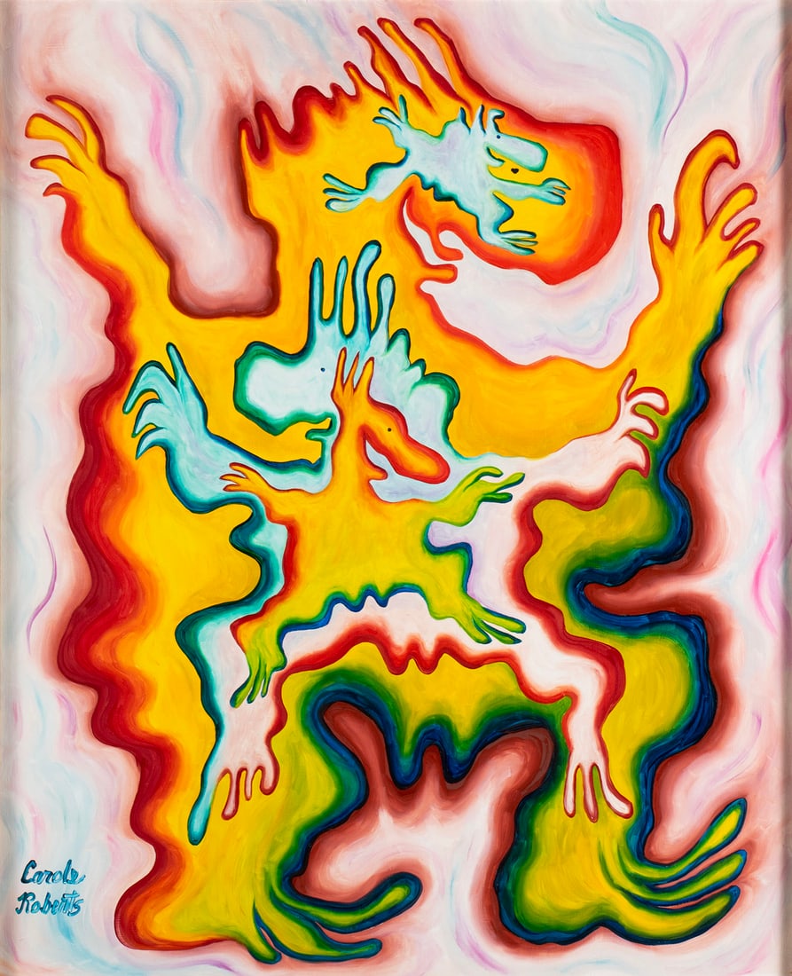 CAROLE ROBERTS (AMERICAN, B. 1940): Carole RobertsAmerican, b. 1940Acrylic on boardSigned lower left. Layers of colorful embryonic figures on a light pink & blue background, walnut frame.Carole S. Roberts is an abstract expressionist ar