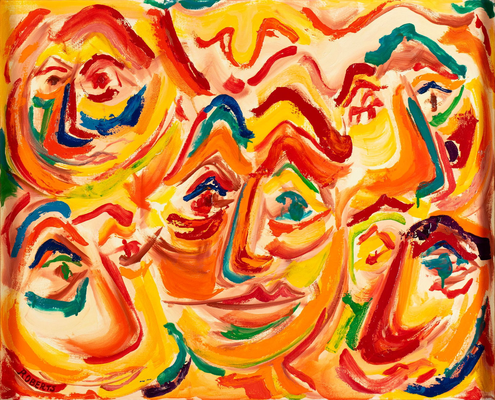 CAROLE ROBERTS (AMERICAN, B. 1940): Carole RobertsAmerican, b. 1940Acrylic on canvasSigned lower left. Colorful abstract facial images, framed.Carole S. Roberts is an abstract expressionist artist and jeweler. She has a Bachelor of Fine