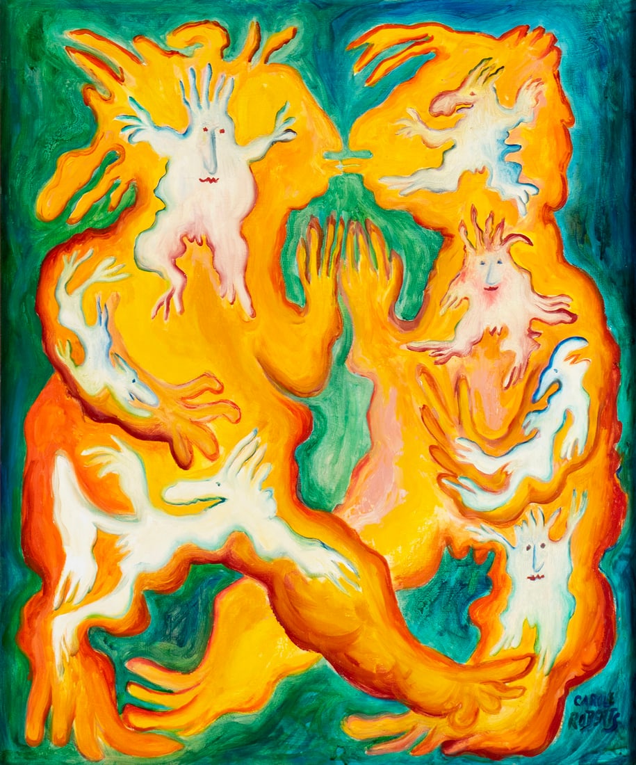 CAROLE ROBERTS (AMERICAN, B. 1940): Carole RobertsAmerican, b. 1940Oil on boardSigned lower right. Several smaller white embryonic figures within two larger kissing figures in shades of orange and yellow on a blue/green background, fram