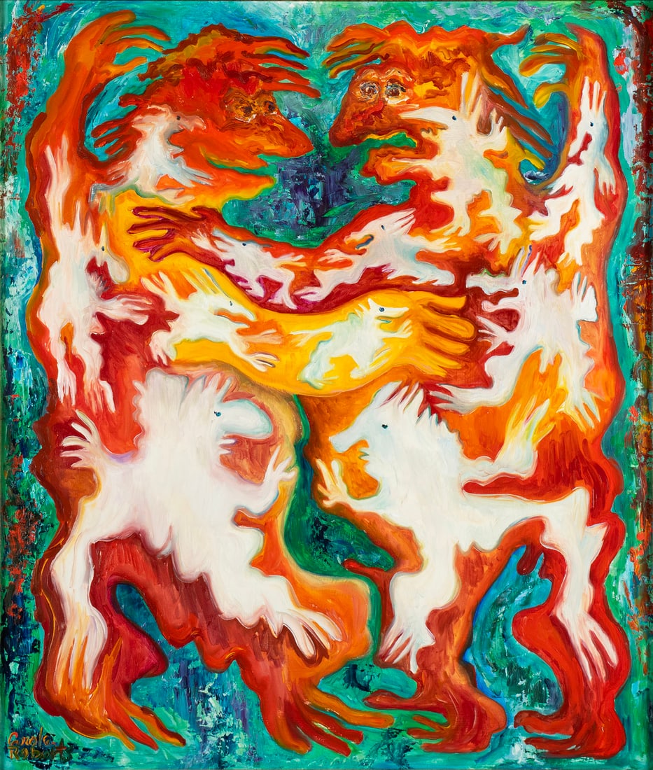 CAROLE ROBERTS (AMERICAN, B. 1940): Carole RobertsAmerican, b. 1940Acrylic on boardSigned lower left, circa 1989. Layers of colorful embryonic figures on a green background, framed.Carole S. Roberts is an abstract expressionist artist a