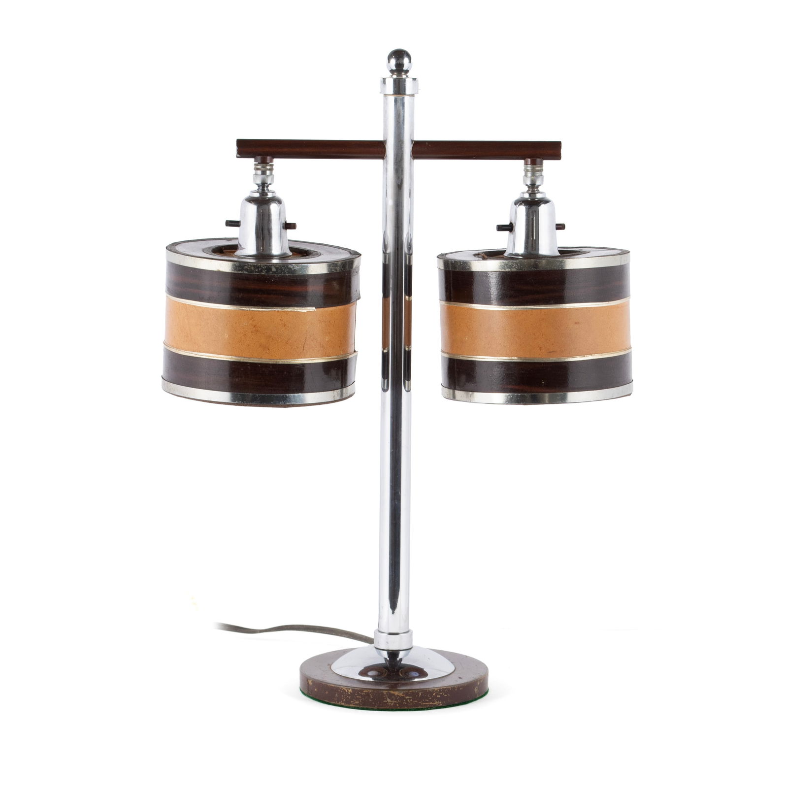 ART DECO STYLE CHROME DESK LAMP: ART DECO STYLE CHROME DESK LAMP 20th century. Two-light chrome lamp with faux wood finishes and paper shades. 21 x 6 1/2 x 14 1/2 in. (53.3 x 16.5 x 36.8 cm.)