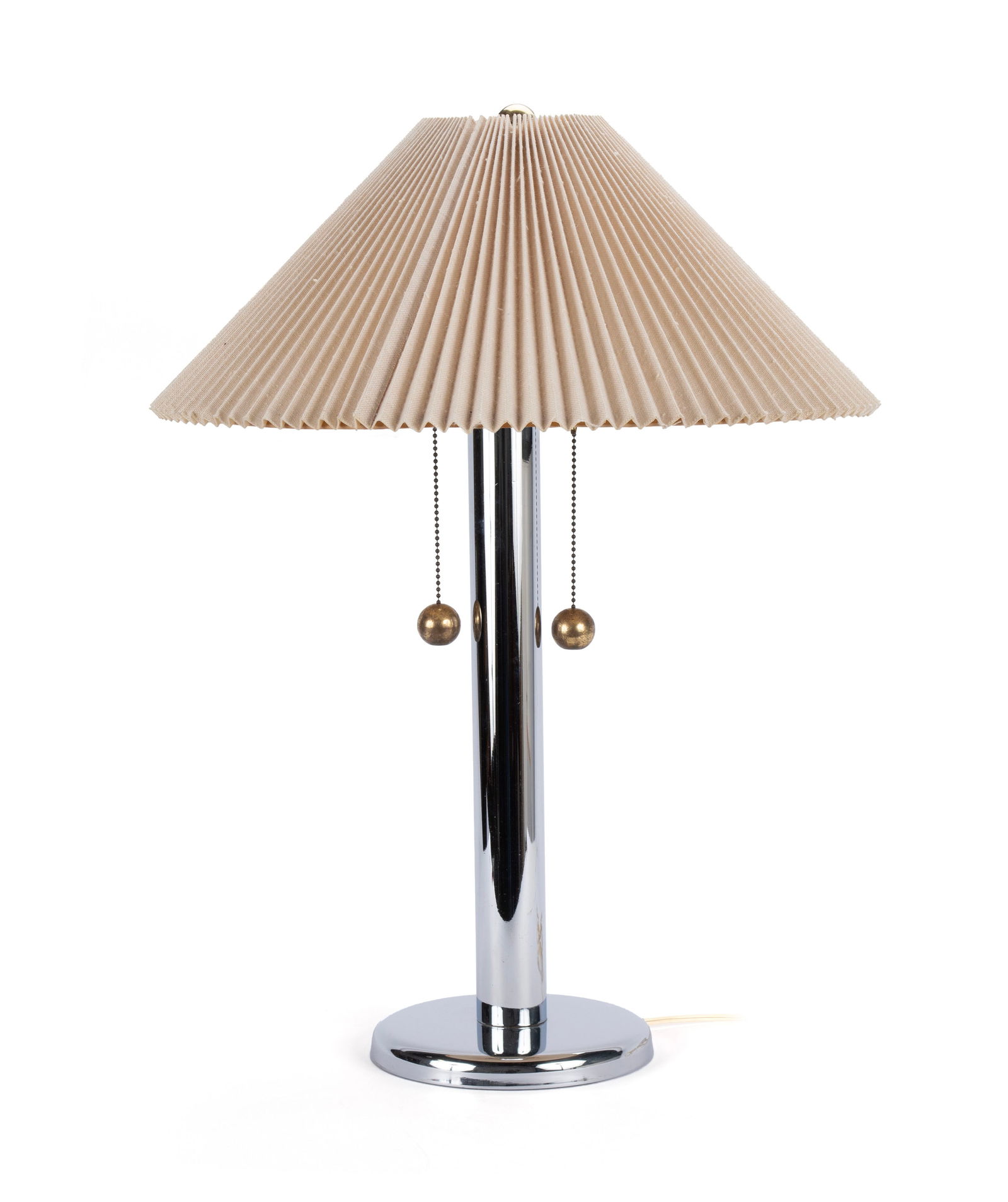 GEORGE KOVACS TABLE LAMP: GEORGE KOVACS TABLE LAMP Possibly designed by Robert Sonneman, New York, NY, circa 1975. Model 2753, 'The Dangles', chrome base and standard with two brass spheres on chains for switch pulls,