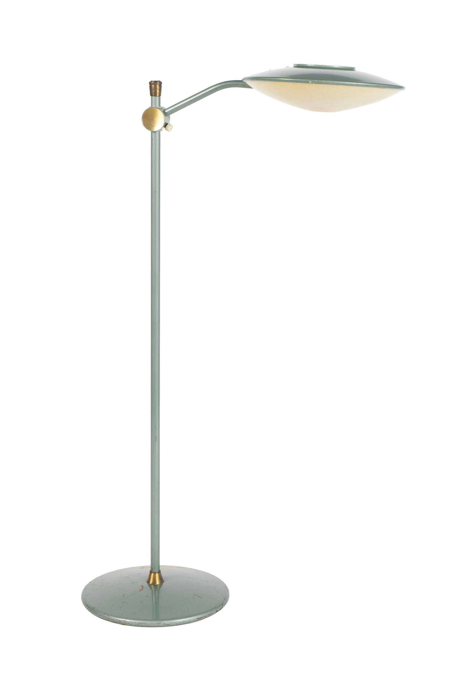 DAZOR 'UFO' FLOOR LAMP: DAZOR 'UFO' FLOOR LAMP American, mid-20th century, brass and fiberglass. Adjustable, flying saucer form shade, green standard. 45 x 22 in. (114.3 x 55.9 cm.)
