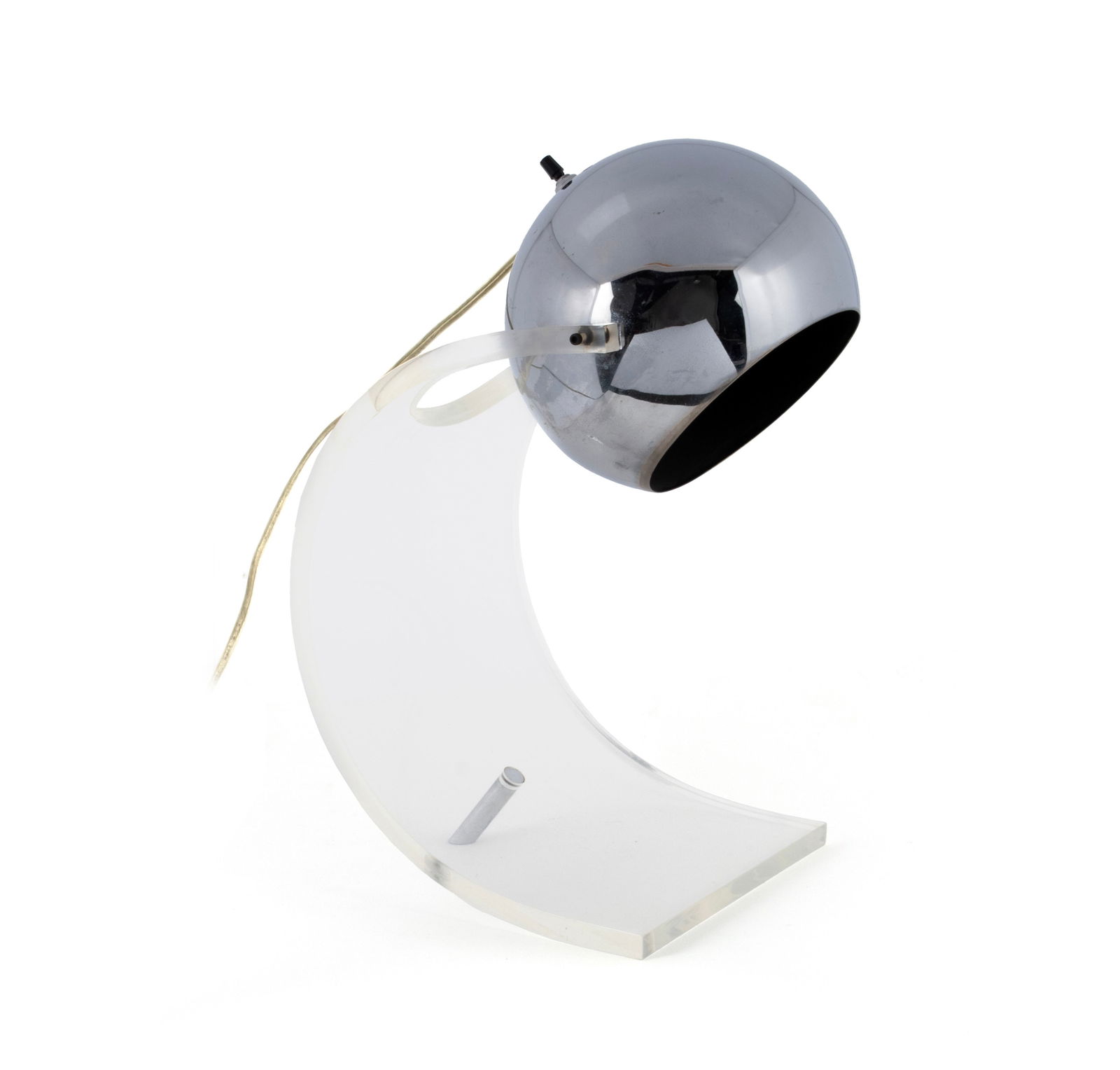 ROBERT SONNEMAN MCM EYEBALL DESK LAMP: ROBERT SONNEMAN MCM EYEBALL DESK LAMP American, circa 1970s, bears a "Sonneman" tag. Adjustable globular chrome fixture on the crescent shaped Lucite base. 15 x 8 x 9 1/2 in. (38.1 x 20.3 x 24.1 cm.)