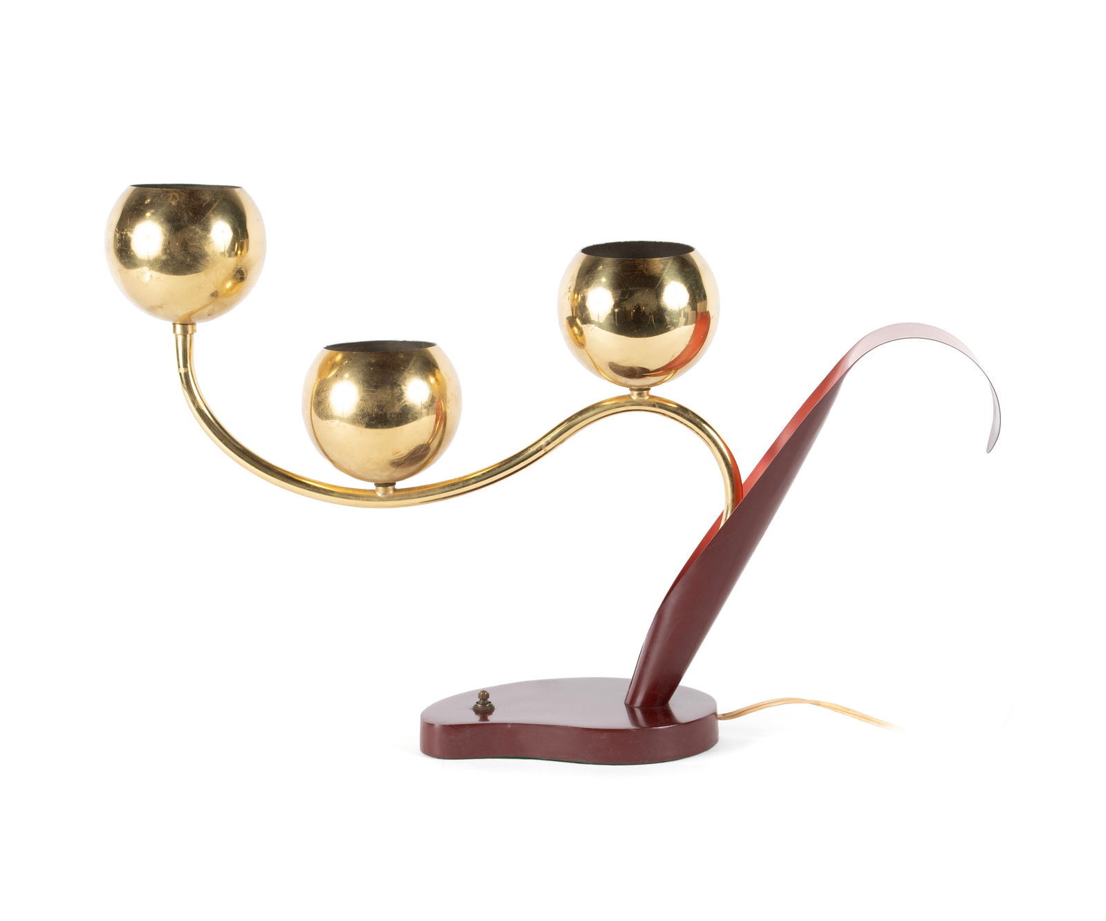 MCM LILY OF THE VALLEY TABLE LAMP BY LAUREL LAMP CO.: MCM LILY OF THE VALLEY TABLE LAMP BY LAUREL LAMP CO. American, circa 1950s, likely be Laurel Lamp Co. Three gilt metal globes rolling horizontally from the red shaded stem and base. 14 x 22 1/2 in.
