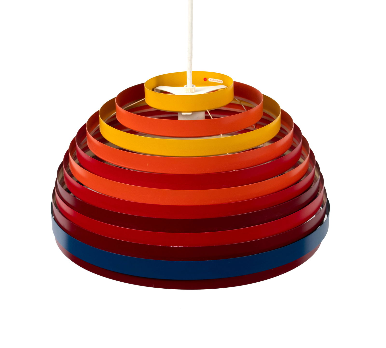 WILHELM VEST PENDANT LIGHT FIXTURE FOR VEST-LEUCHTEN: WILHELM VEST PENDANT LIGHT FIXTURE FOR VEST-LEUCHTEN Austrian, 1960s, metal rings, Vest-Dynamic. Colorful graduated rings with a single fixture to the interior, with ceiling mount and approximately