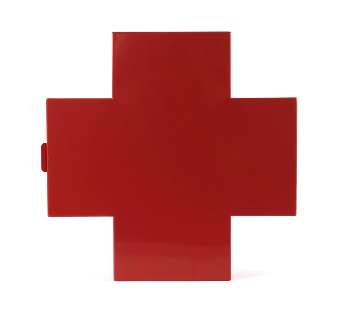 CAPPELLINI RED CROSS CABINET, DESIGNED BY THOMAS ERIKSSON: CAPPELLINI RED CROSS CABINET, DESIGNED BY THOMAS ERIKSSON Italian, designed in 1992. Hanging metal cross form cabinet, with original paperwork. 17 x 17 1/2 x 6 in. (43.2 x 44.5 x 15.2 cm.)