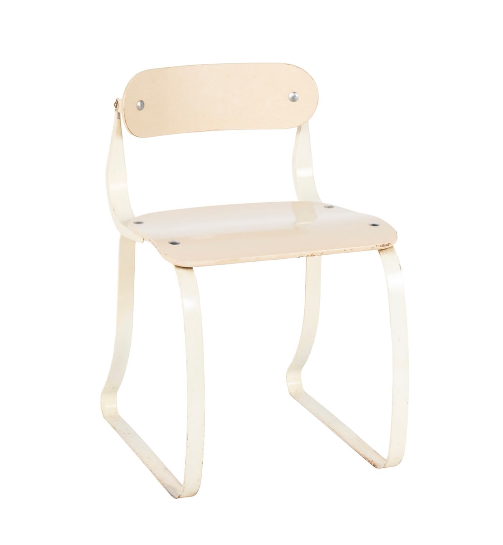 "HEALTH CHAIR" BY HERMAN SPERLICH: "HEALTH CHAIR" BY HERMAN SPERLICH For Ironrite Inc., circa 1940s. Wooden seat and backrest on metal frame, label to backrest. 27 x 20 x 16 1/2 in. (68.6 x 50.8 x 41.9 cm.)