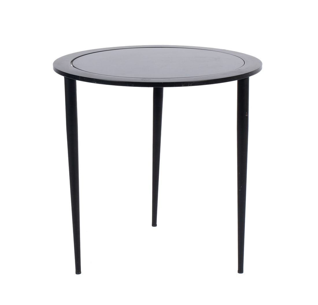 CONTEMPORARY BLACK GLASS TOP DRINKS TABLE: CONTEMPORARY BLACK GLASS TOP DRINKS TABLE Italian, 20th century. Circular black top fitted into the tripod base. 17 3/4 x 18 in. (45.1 x 45.7 cm.)