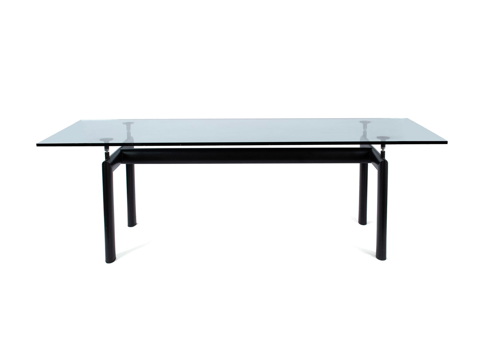 LE CORBUSIER GLASS TOP DINING TABLE: LE CORBUSIER GLASS TOP DINING TABLE Italian, 20th century. Rectangular glass top on the modern black frame. 29 x 33 1/2 x 88 1/2 in. (73.7 x 85.1 x 224.8 cm.)