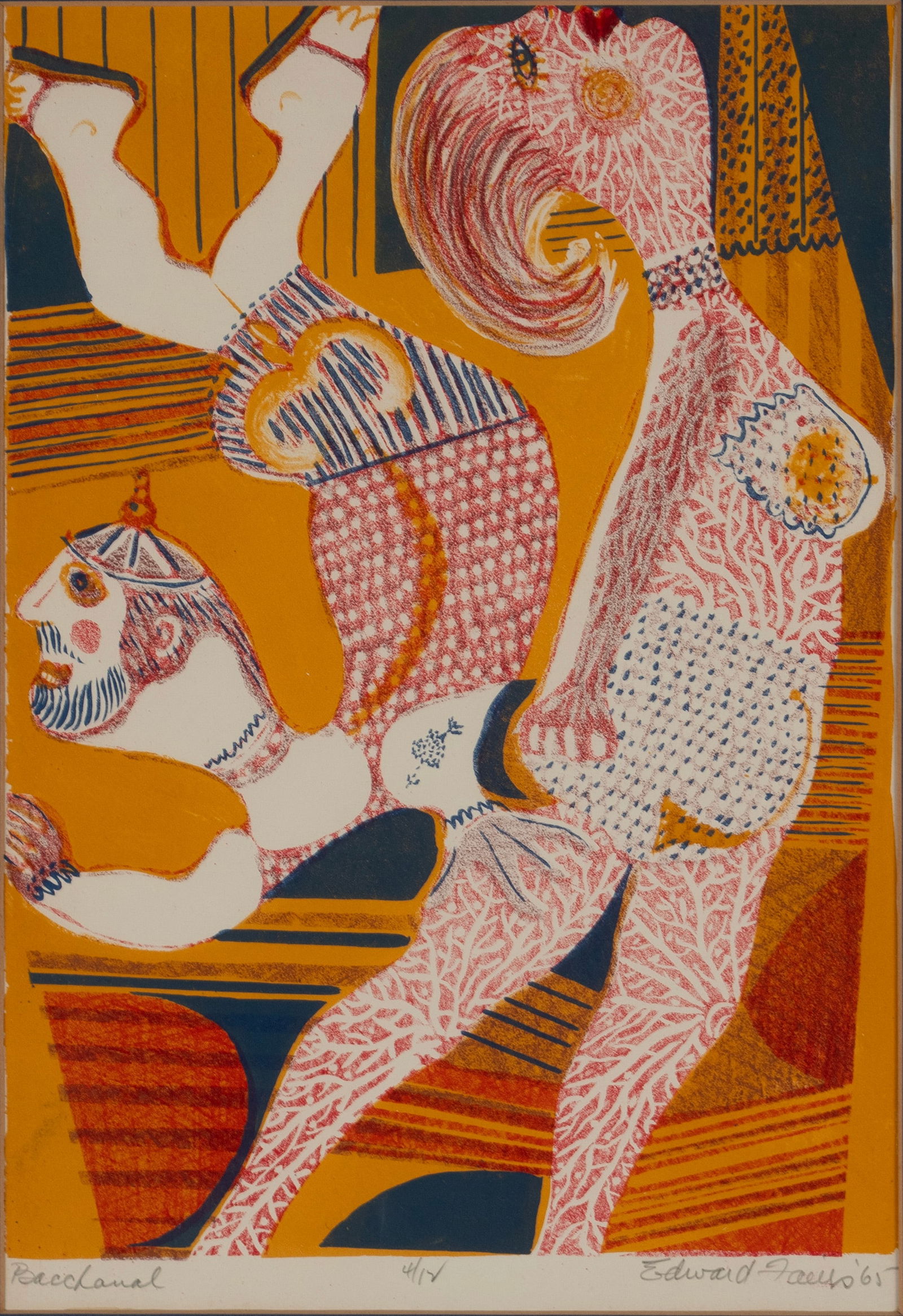EDWARD (TED) FAIERS (AMERICAN, 1908-1985): Edward (Ted) Faiers American, 1908-1985 Bachanal woodblock Signed, titled, dated '65 and numbered 4/12 in pencil to lower margin. Matted and framed. Sight: 15 1/2 x 10 1/2 in. (39.4 x 26.7 cm.),