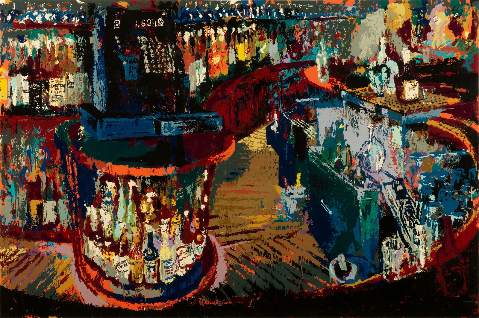 LEROY NEIMAN (AMERICAN, 1921-2012): Leroy Neiman American, 1921-2012 Rush Street Bar Screenprint Signed in pencil with H. C. (Hors Commerce) to lower margin, 1984. Colorful interior scene, matted and framed. Image: 25 1/2 x 38 in.