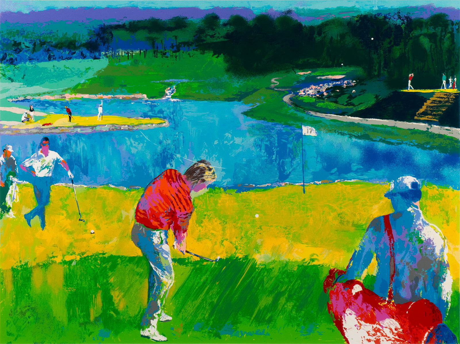 LEROY NEIMAN (AMERICAN, 1921-2012): Leroy Neiman American, 1921-2012 Mystic Rock Color lithograph Signed and numbered in pencil 97/250 to lower margin. Colorful golf scene, matted and framed. Image: 27 x 36 in. (68.6 x 91.4 cm.),