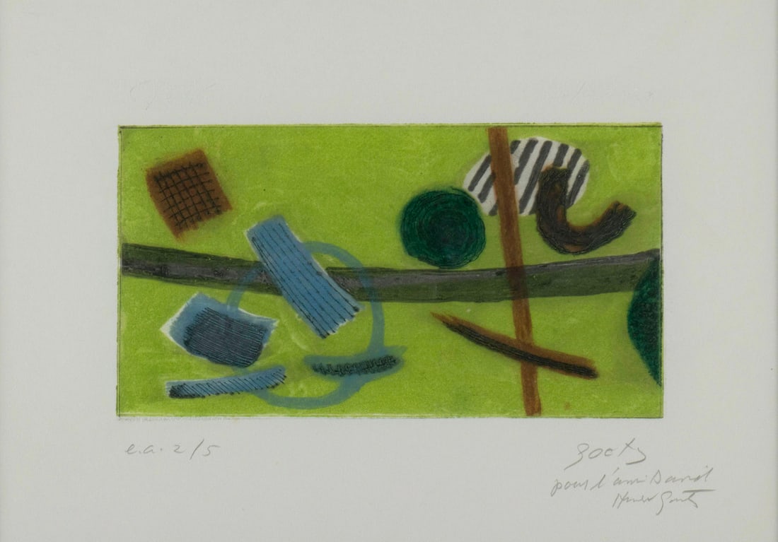 HENRI GOETZ (FRENCH, 1909-1989): Henri Goetz French, 1909-1989 Color etching Signed in pencil and dedicated lower right, noted 'e.a. 2/5' lower left. Matted and framed. Plate: 4 1/8 x 7 3/4 in. (10.5 x 19.7 cm.), Frame: 19 3/4 x 23