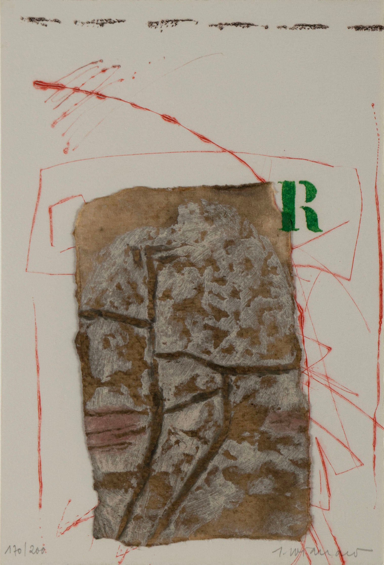 JAMES COIGNARD (FRENCH, 1925-2008): James Coignard French, 1925-2008 Carborundum etching with collage Signed lower right and numbered 170/200 lower left. Framed. Sheet: 11 x 7 1/2 in. (27.9 x 19.1 cm.), Frame: 14 7/8 x 11 1/4 in. (37.8