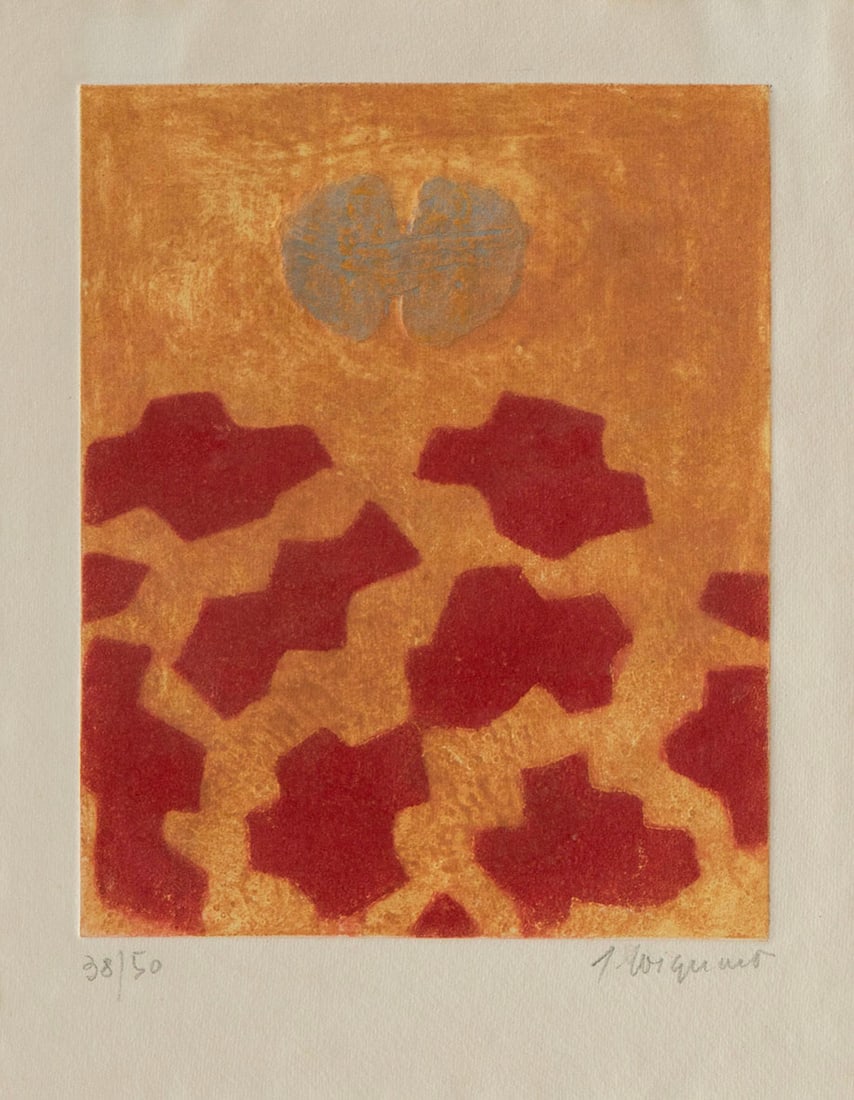 JAMES COIGNARD (FRENCH, 1925-2008): James Coignard French, 1925-2008 Femme et Saisons Color etching Signed and numbered 38/50 in pencil. Red and gold images on an orange ground, framed. Impression: 9.69 x 7 3/4 in. (24.6 x 19.7 cm.),