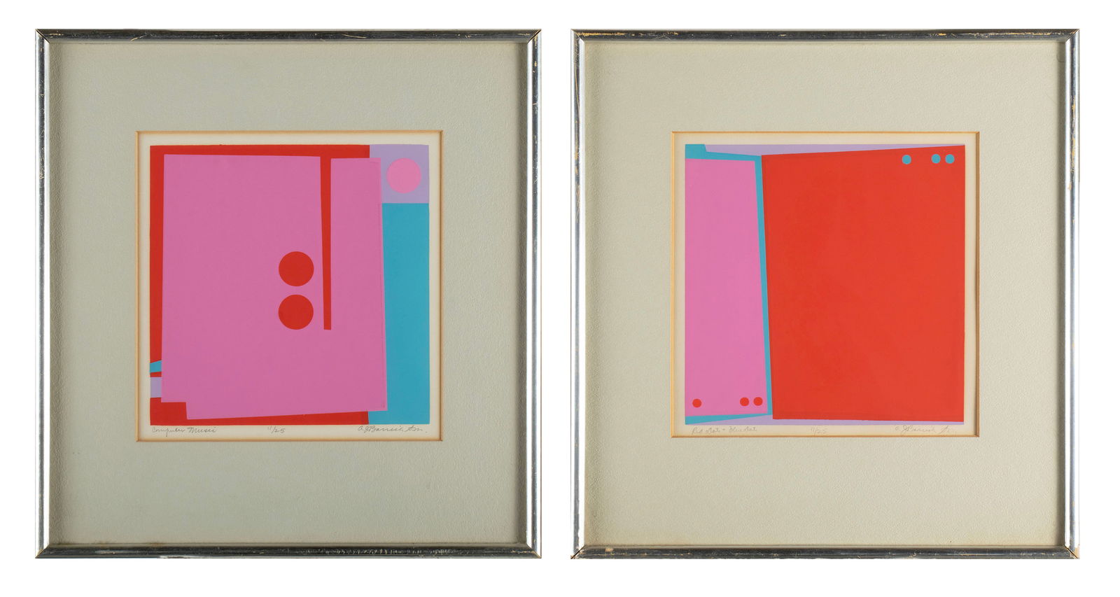 BROTHER ANDREW JOSEPH BARRISH (AMERICAN, 1929-2025): Brother Andrew Joseph Barrish American, 1929-2025 Red Dots-Blue Dots and Computer Music Screenprint Both signed, titled and numbered 11/25 in lower margin. Two (2) geometric abstract prints, matted