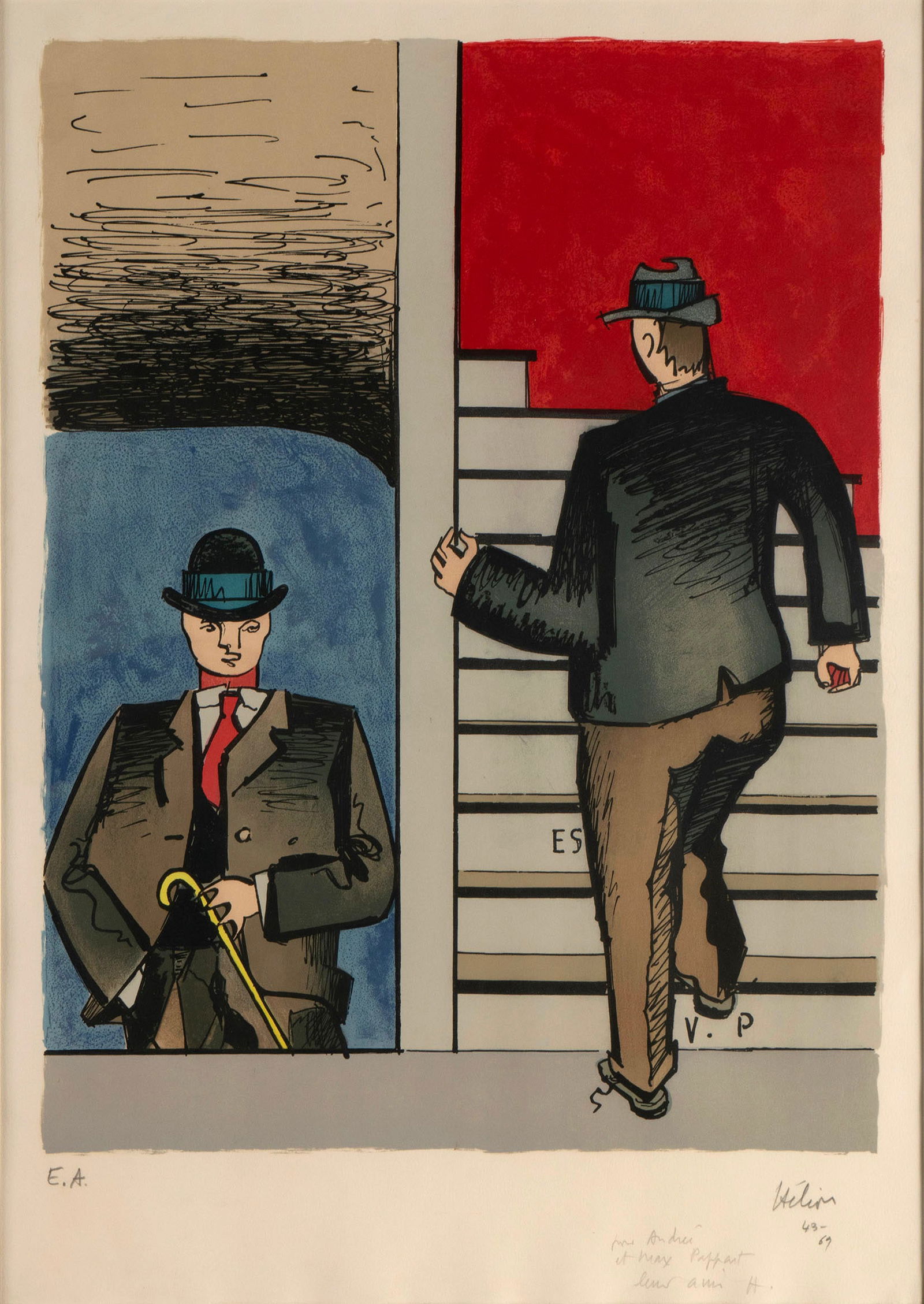 JEAN HELION (FRENCH, 1904-1987): Jean Helion French, 1904-1987 Silkscreen Signed in pencil lower right and number 43-69, with notation 'EA' lower left. Also, with dedication to fellow artist Max Papart. Matted and framed. Sight: 25