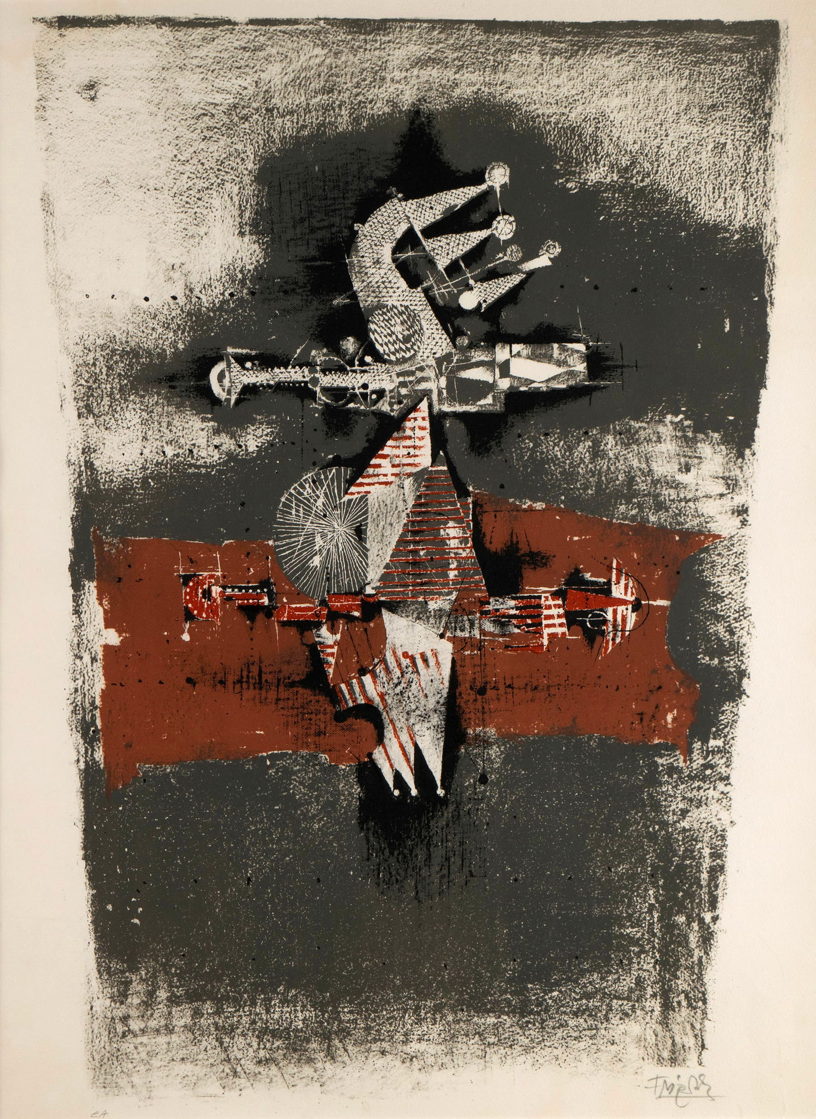 JOHNNY FRIEDLAENDER (GERMAN-FRENCH, 1912-1992): Johnny Friedlaender German-French, 1912-1992 Sao Paulo Lithograph Signed in pencil lower right and noted 'EA' lower left. Matted and framed. Sight: 30 x 22 1/4 in. (76.2 x 56.5 cm.), Frame: 38 x 29