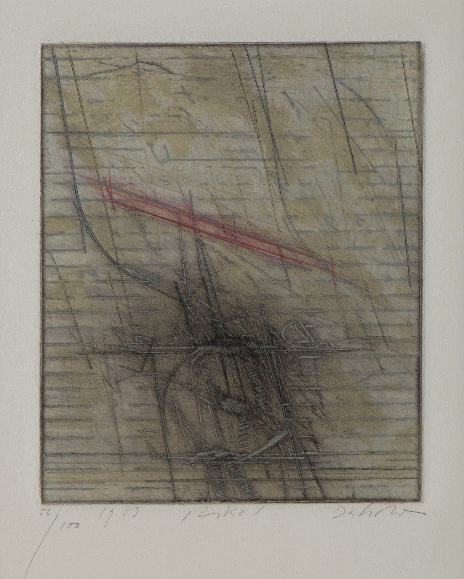 KARL FRED DAHMEN (GERMAN, 1917-1981): Karl Fred Dahmen German, 1917-1981 Color etching Signed in pencil lower right, titled lower center, numbered 52/100 and dated 1975 lower left. Matted and framed. Plate: 7 x 5 3/4 in. (17.8 x 14.6