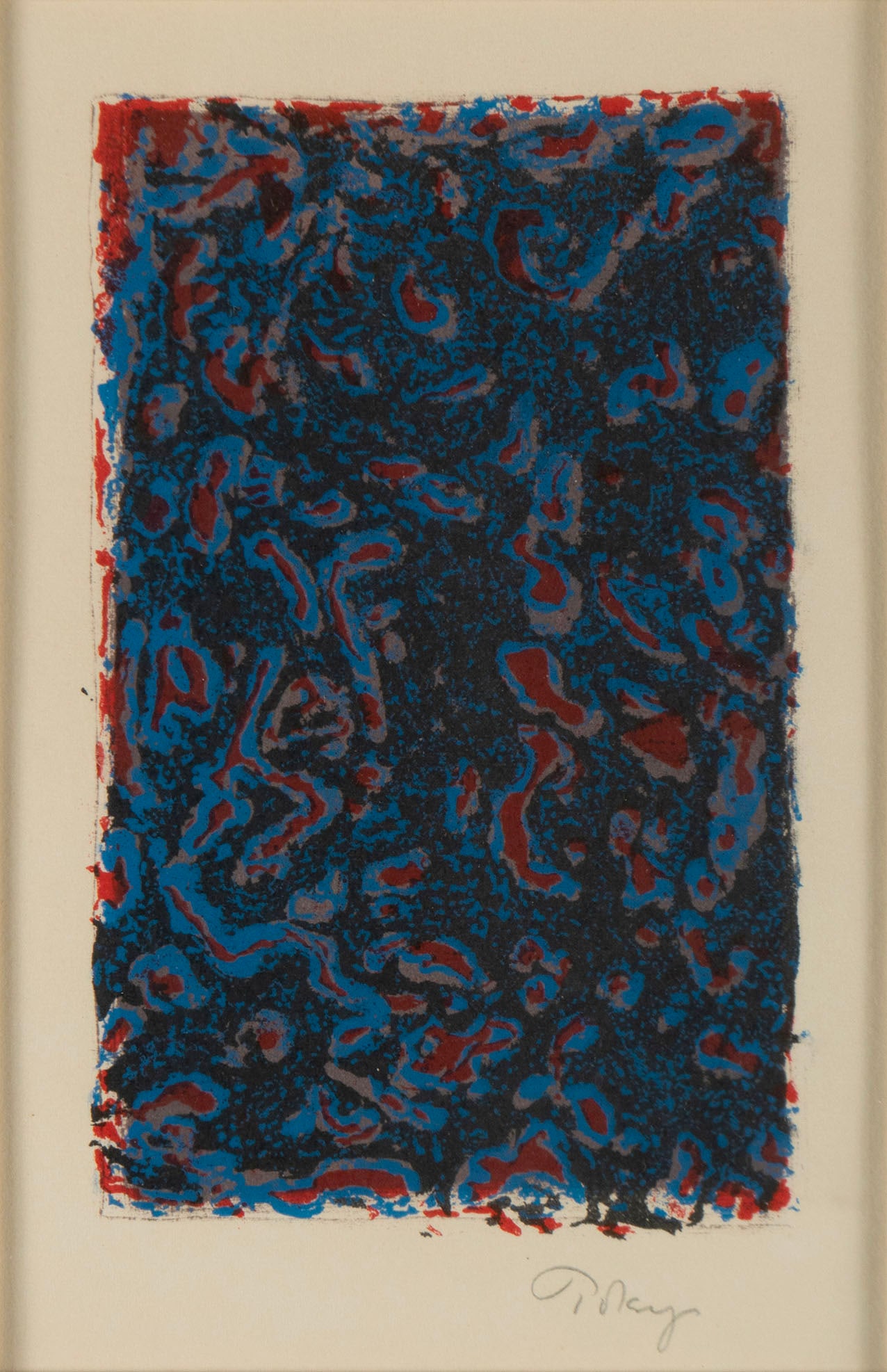 MARK TOBEY (AMERICAN, 1890-1976): Mark Tobey American, 1890-1976 Color lithograph Signed lower right. Abstract image in shades of blue, black, and red, framed. Sight: 7 1/2 x 5 in. (19.1 x 12.7 cm.), Frame: 12 7/8 x 9 5/8 in. (32.7 x