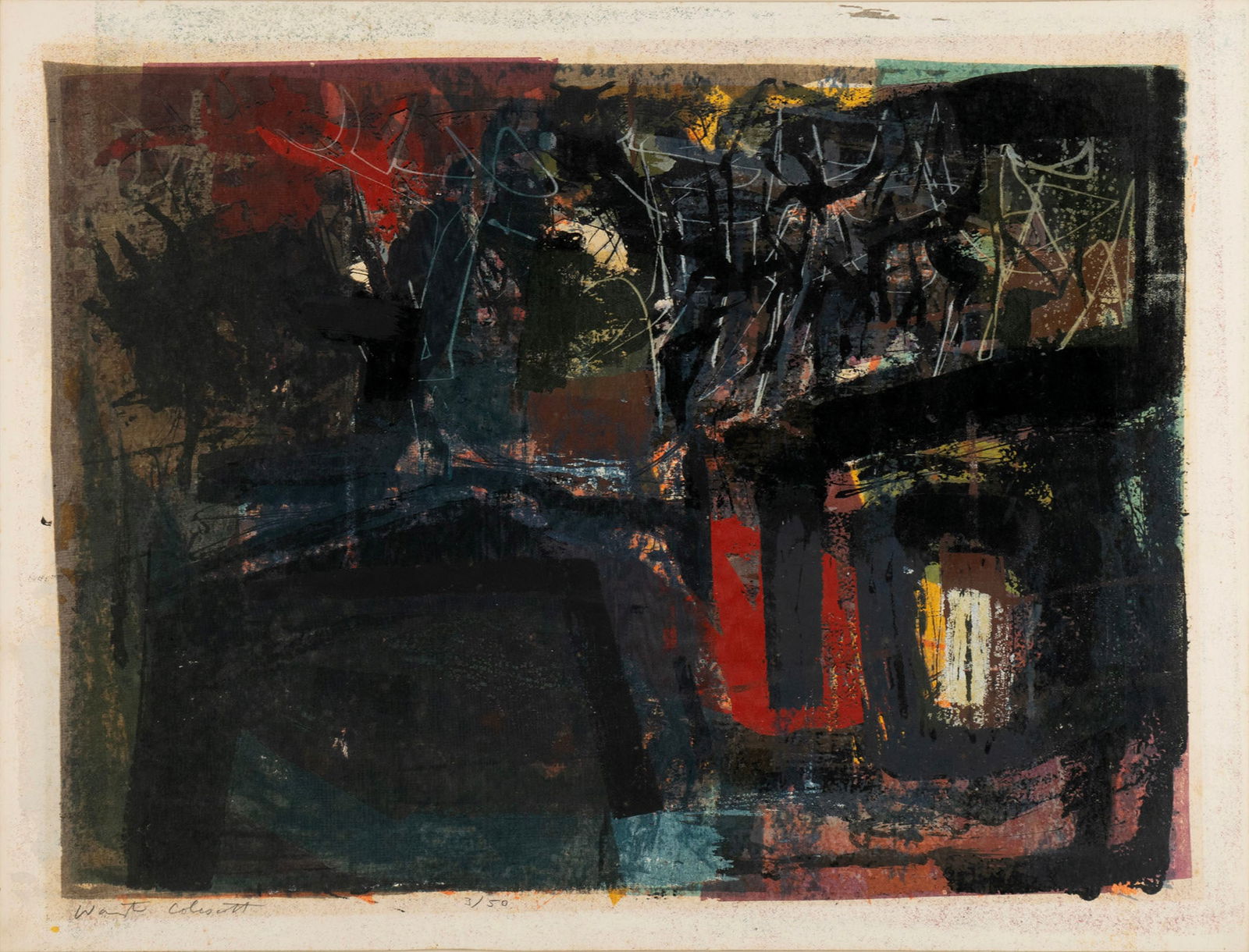 WARRINGTON COLESCOTT (AMERICAN, 1921-2018): Warrington Colescott American, 1921-2018 Cave Serigraph Signed and numbered 3/50 in pencil. Abstract images, framed. Image: 18 1/2 x 24 in. (47 x 61 cm.), Frame: 26 1/2 x 32 1/4 in. (67.3 x 81.9 cm.)