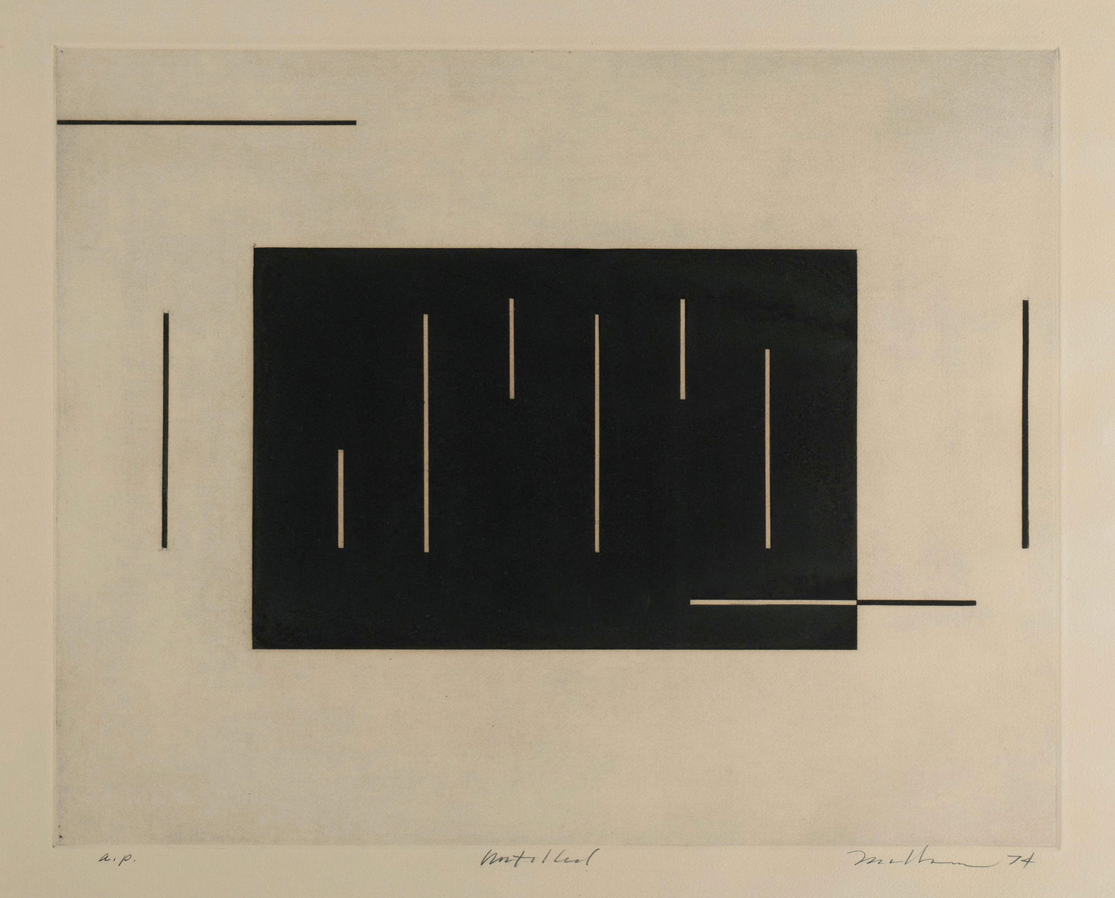 MICHAEL MULHERN (SCOTTISH-AMERICAN, B. 1940): Michael Mulhern Scottish-American, b. 1940 Lithograph Signed and dated '74 lower left and titled with A.P. in pencil lower left. Black rectangle with black and white lines, framed. Impression: 15 1/2