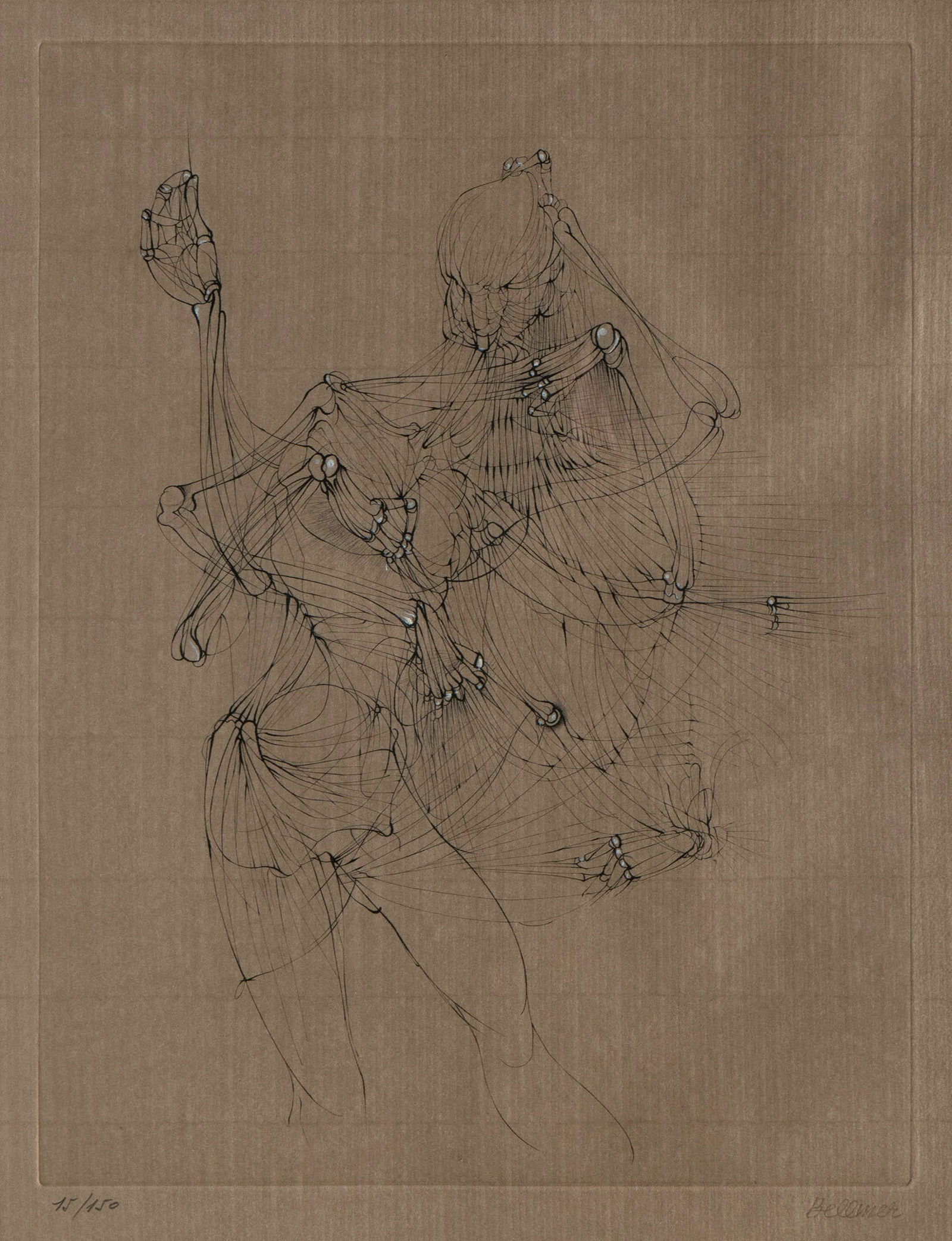 HANS BELLMER (GERMAN, 1902-1975): Hans BellmerGerman, 1902-1975Femme aux bras articul?sEtching and aquatintSigned in pencil lower right, numbered 15/150 lower left with blind stamp. Framed.Plate: 14 1/4 x 11 in. (36.2 x 27.9 cm.), Fr