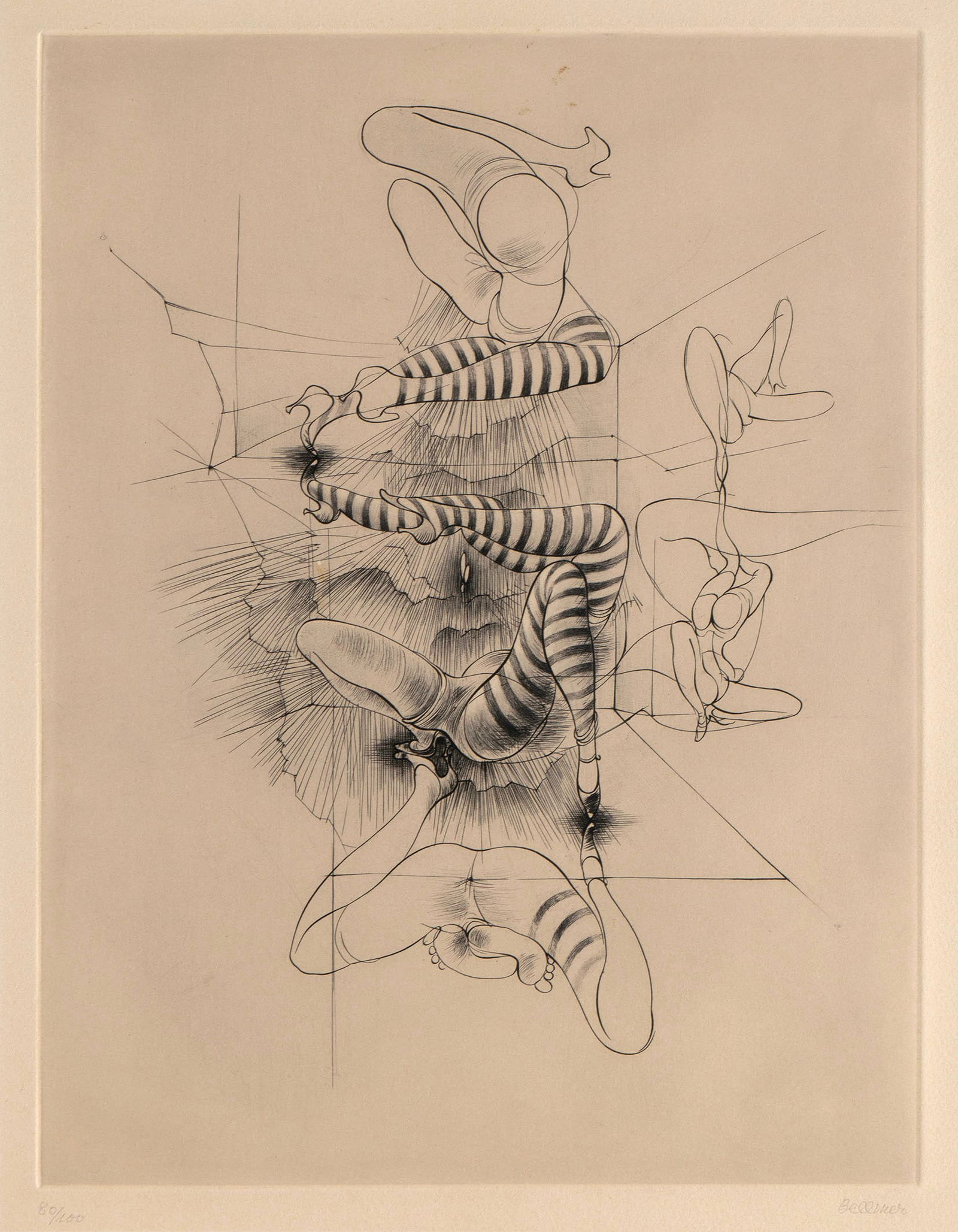 HANS BELLMER (GERMAN, 1902-1975): Hans Bellmer German, 1902-1975 Les saltimbanques Etching Signed in pencil lower right and numbered 80/100 lower left. Framed. Plate: 15 x 11 1/4 in. (38.1 x 28.6 cm.), Frame: 28 1/4 x 22 in. (71.8 x