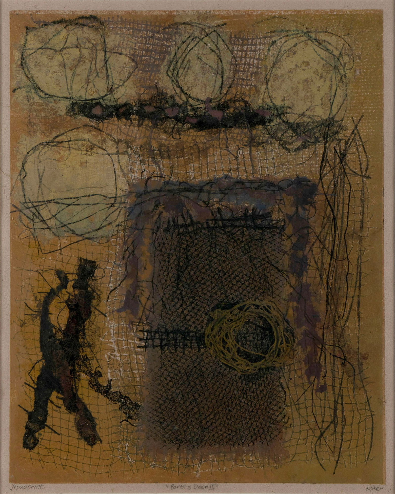 RUTH KOLKER (AMERICAN (ST. LOUIS), 21ST C.): Ruth Kolker American (St. Louis), 21st c. Earth's Door III Monoprint Signed and titled in pencil to lower margin. Abstract images in shades of brown, gold, purple, and black, framed. Bears Art St.