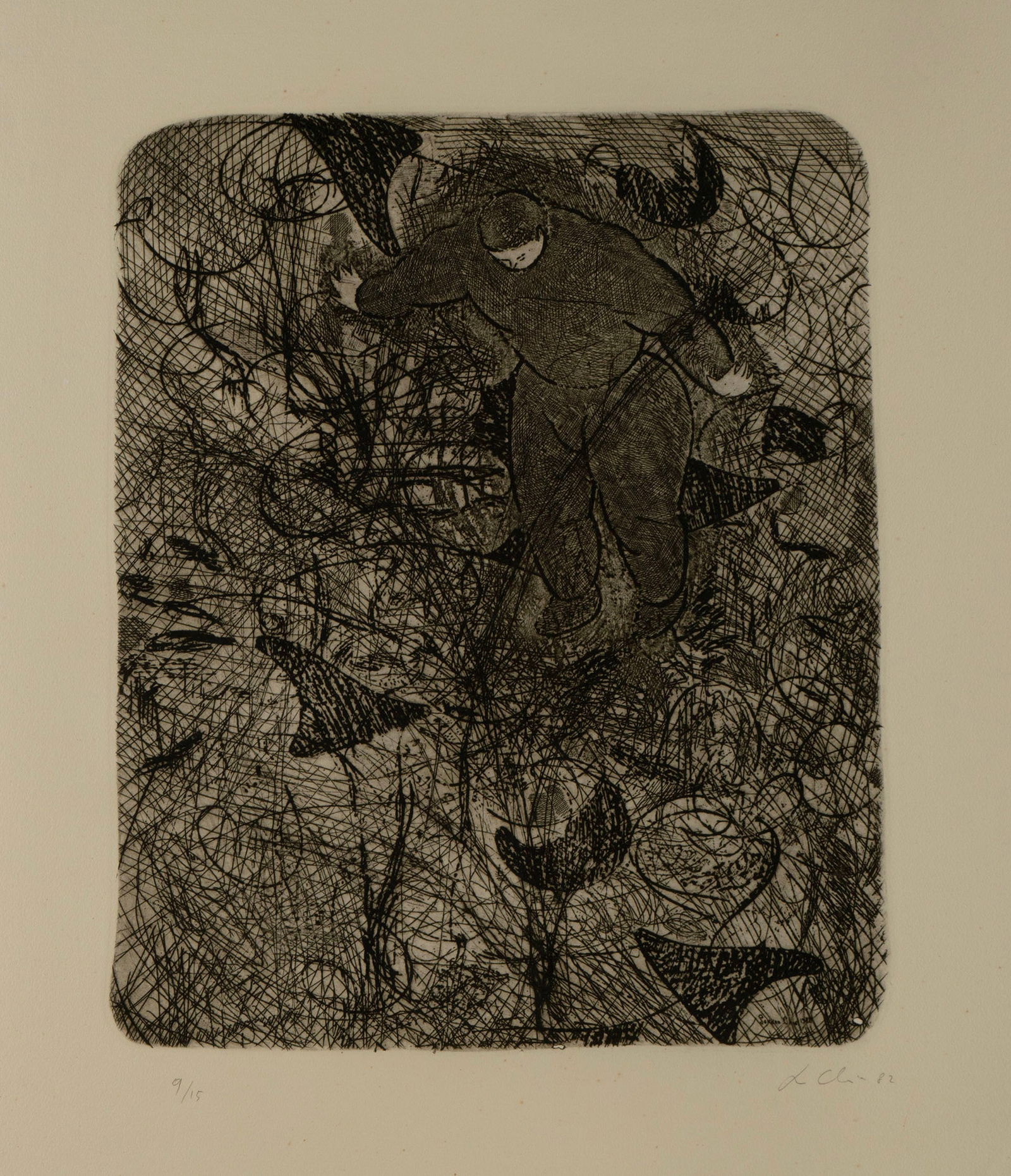 SANDRO CHIA (ITALIAN, B. 1946): Sandro Chia Italian, b. 1946 Man and Vegetation Etching Signed and dated 82 lower right, numbered 9/15 lower left. Framed with gallery label to verso. Plate: 18 x 14 3/4 in. (45.7 x 37.5 cm.), Frame: