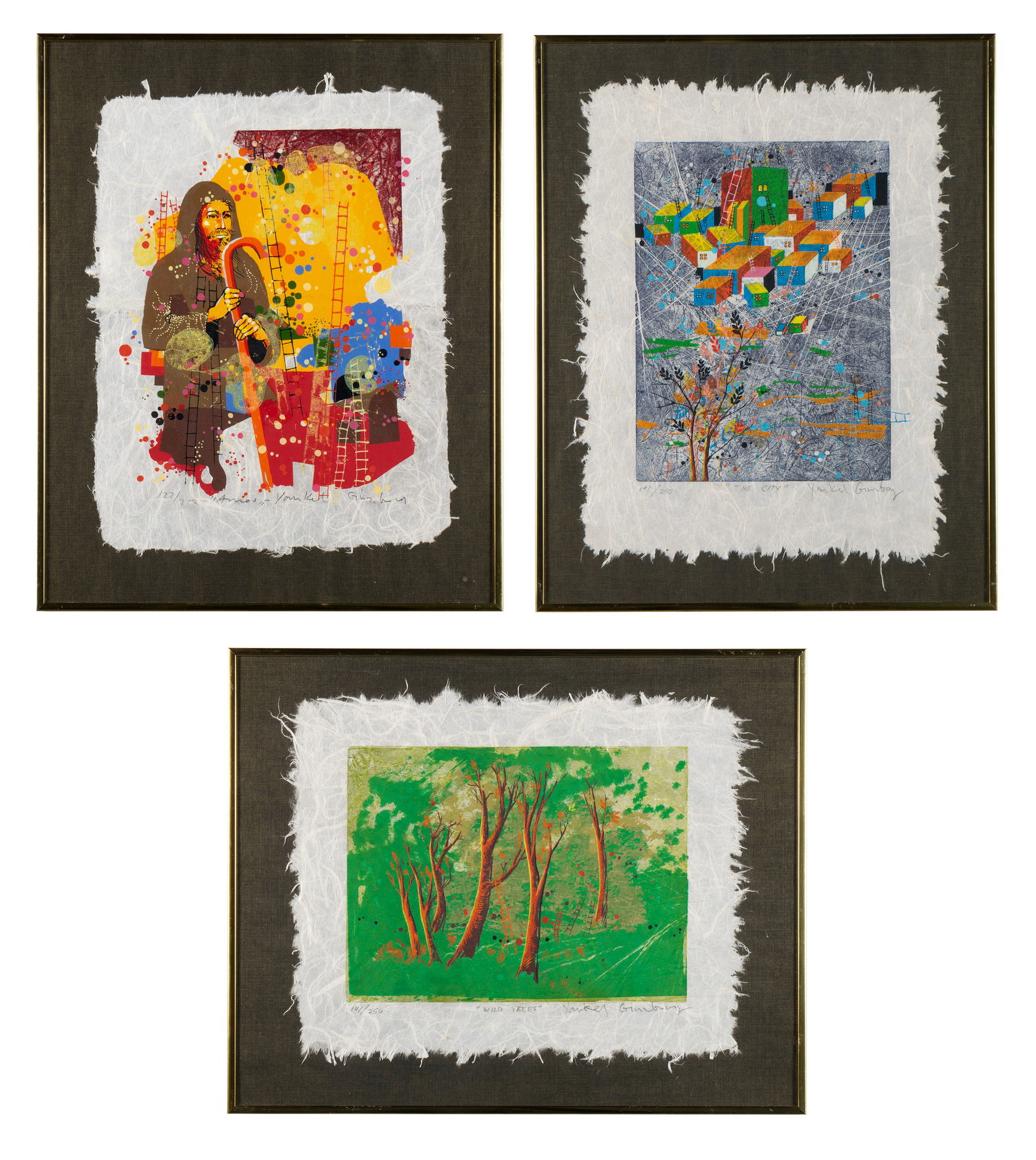 YANKEL GINZBURG (ISRAELI, B. 1945): Yankel Ginzburg Israeli, b. 1945 Color serigraphs on woven paper Three (3) works, all signed, titled and numbered in pencil to lower margins. Includes "The City", 191/250; "Amos", 127/250; and "Wild