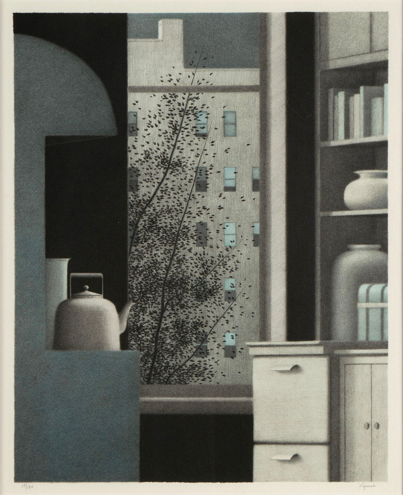 ROBERT KIPNISS (AMERICAN, B. 1931): Robert Kipniss American, b. 1931 The Blue Stove Lithograph Signed in pencil lower right, numbered 17/120 lower left. Matted and framed. Sight: 18 1/2 x 15 in. (47 x 38.1 cm.), Frame: 29 1/2 x 25 1/4