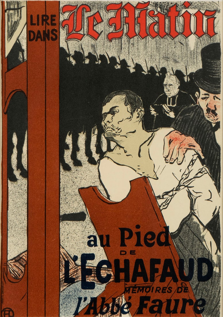 AT THE FOOT OF THE SCAFFOLD AFTER HENRI DE TOULOUSE-LAUTREC: AT THE FOOT OF THE SCAFFOLD AFTER HENRI DE TOULOUSE-LAUTREC Lithograph, circa 1950. Originally an advertisement for the 1891 book "At the Foot of the Scaffold" by Lautrec, matted and framed. Sight: