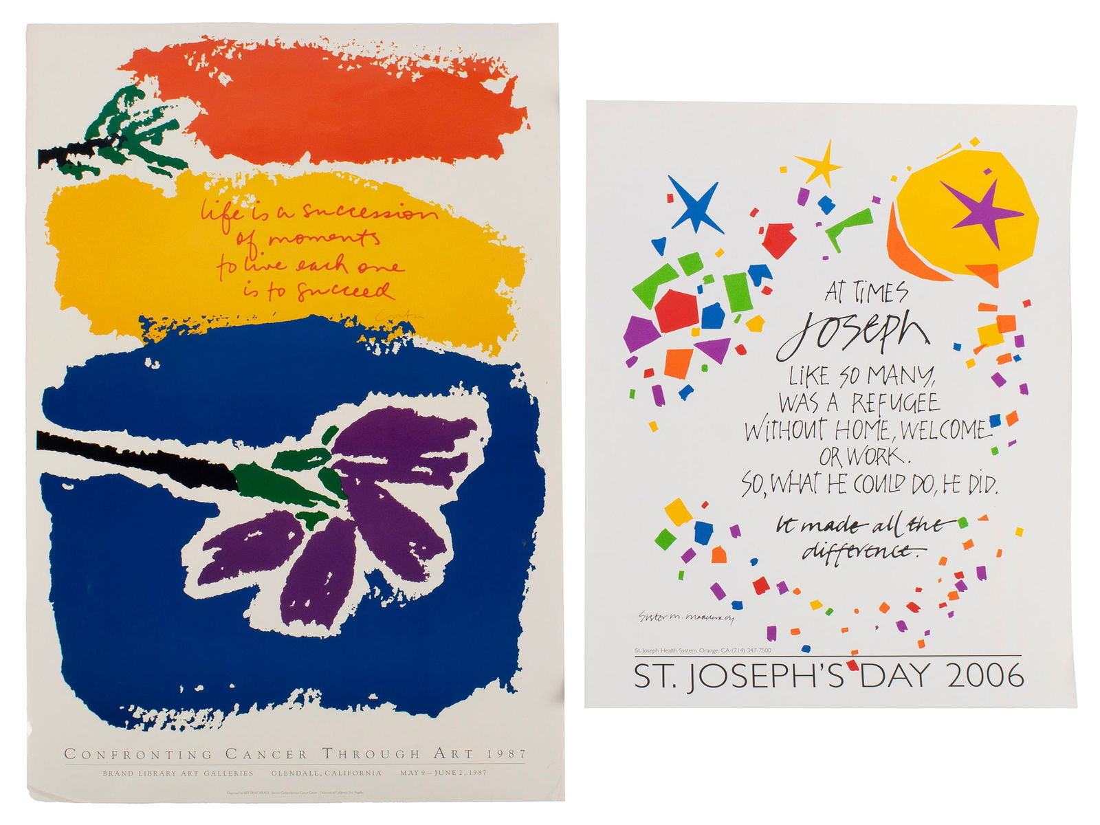 TWO POSTERS, DESIGNED BY CORITA KENT AND MADELEVA WILLIAMS: TWO POSTERS, DESIGNED BY CORITA KENT AND MADELEVA WILLIAMS Both signed in plate. Including a Sister Corita Kent design for 'Confronting Cancer Through Art', Brand Library Art Galleries, 1987, and a